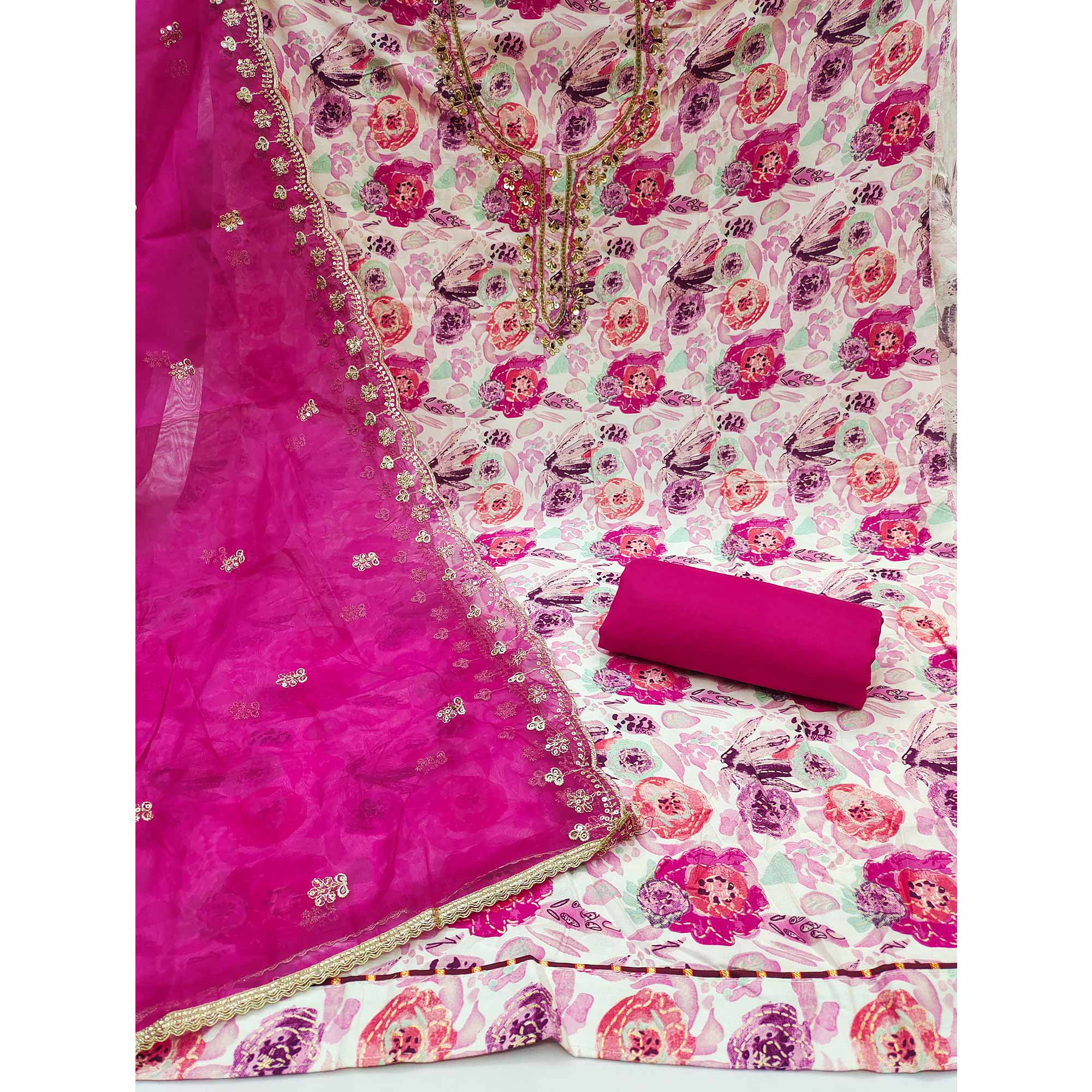 Pink Printed Blue Pure Cotton Dress Material Enhanced With Moti & Hand Embroidered Sequins