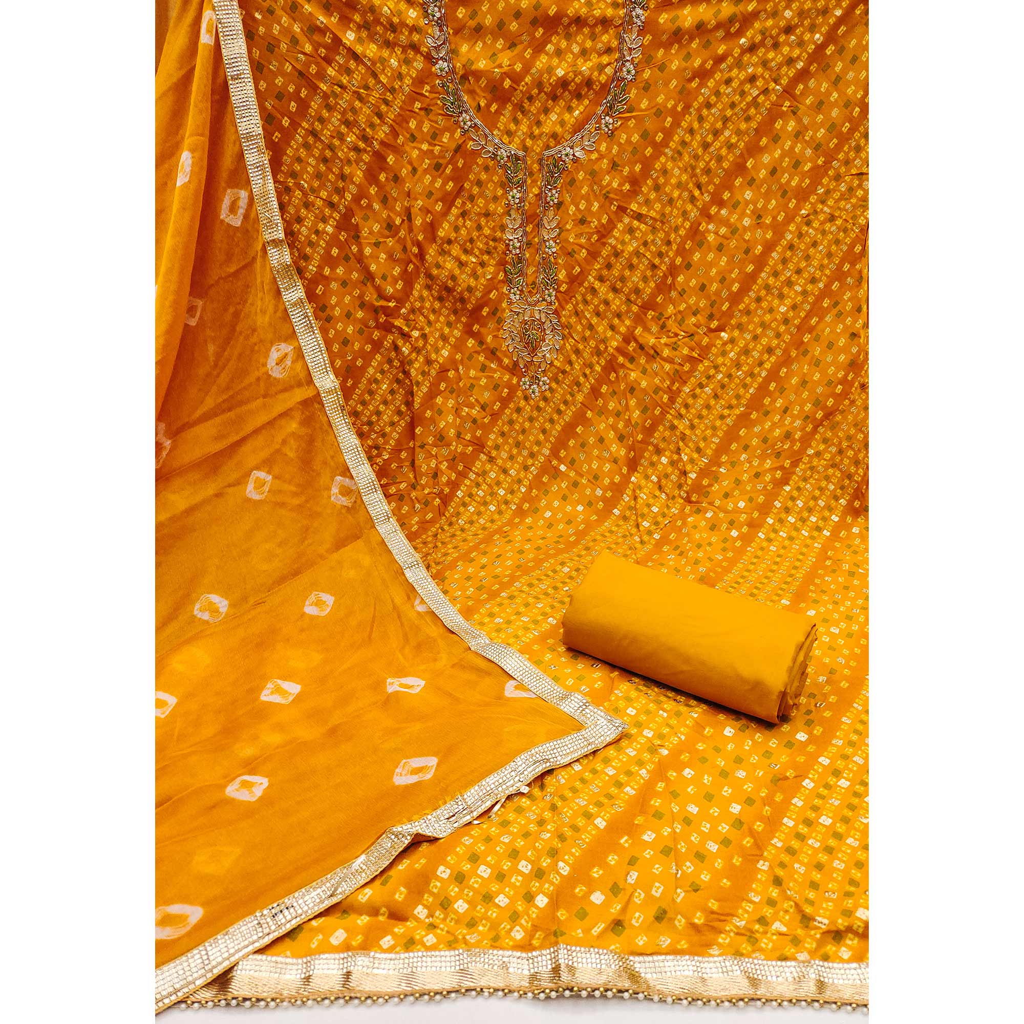 Mustard Bandhani Printed Pure Cotton Dress Material With Intricate Moti & Gota Patti Handwork