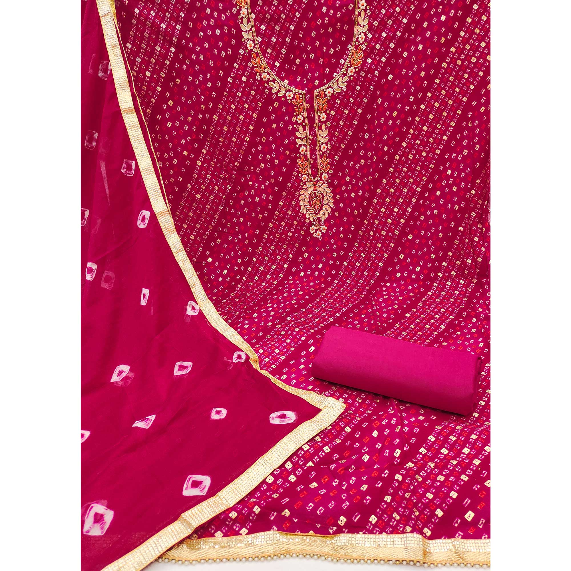 Pink Bandhani Printed Pure Cotton Dress Material With Intricate Moti & Gota Patti Handwork