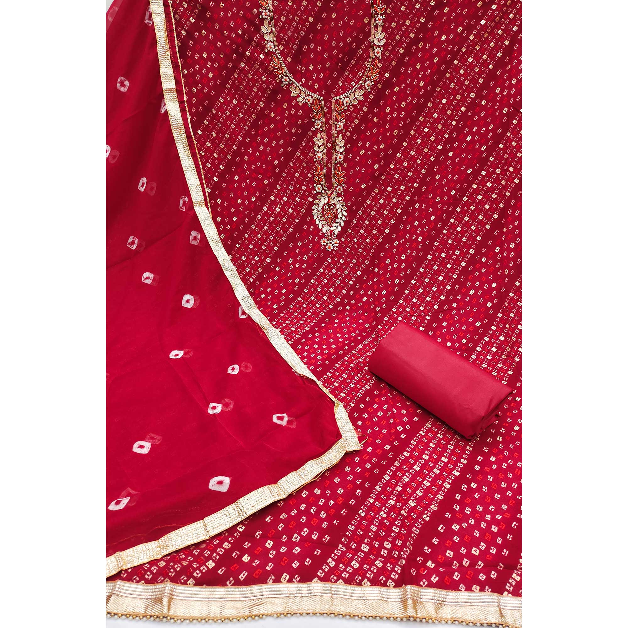 Red Bandhani Printed Pure Cotton Dress Material With Intricate Moti & Gota Patti Handwork