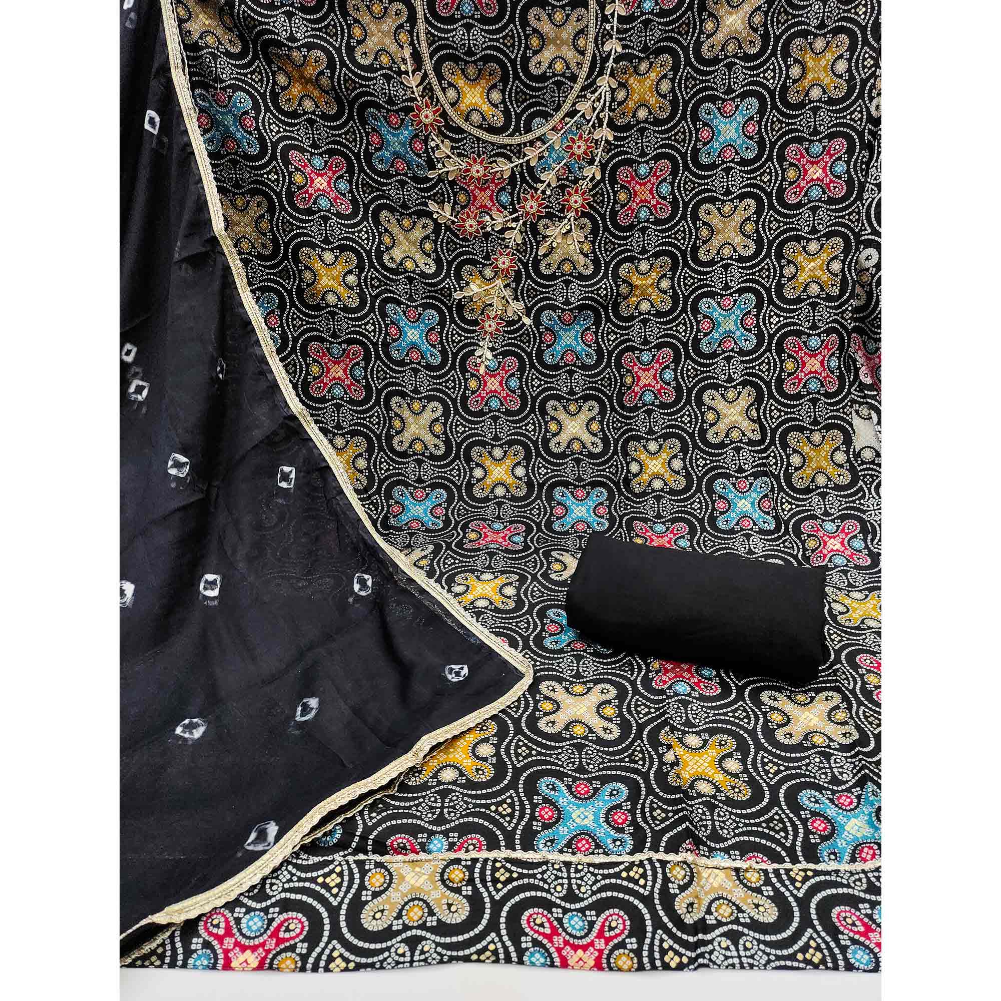 Black Bandhani Printed Pure Cotton Dress Material With Delicate Moti & Gota Patti Handwork
