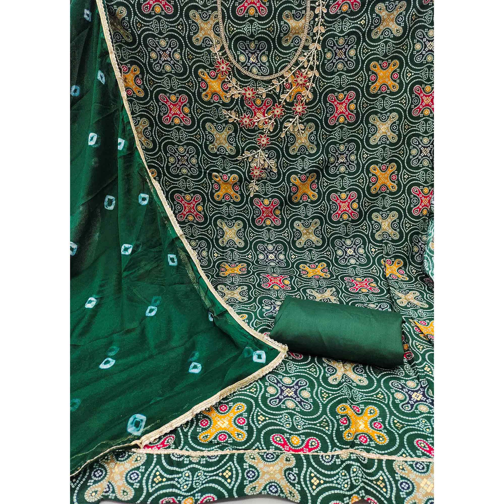 Green Bandhani Printed Pure Cotton Dress Material With Delicate Moti & Gota Patti Handwork