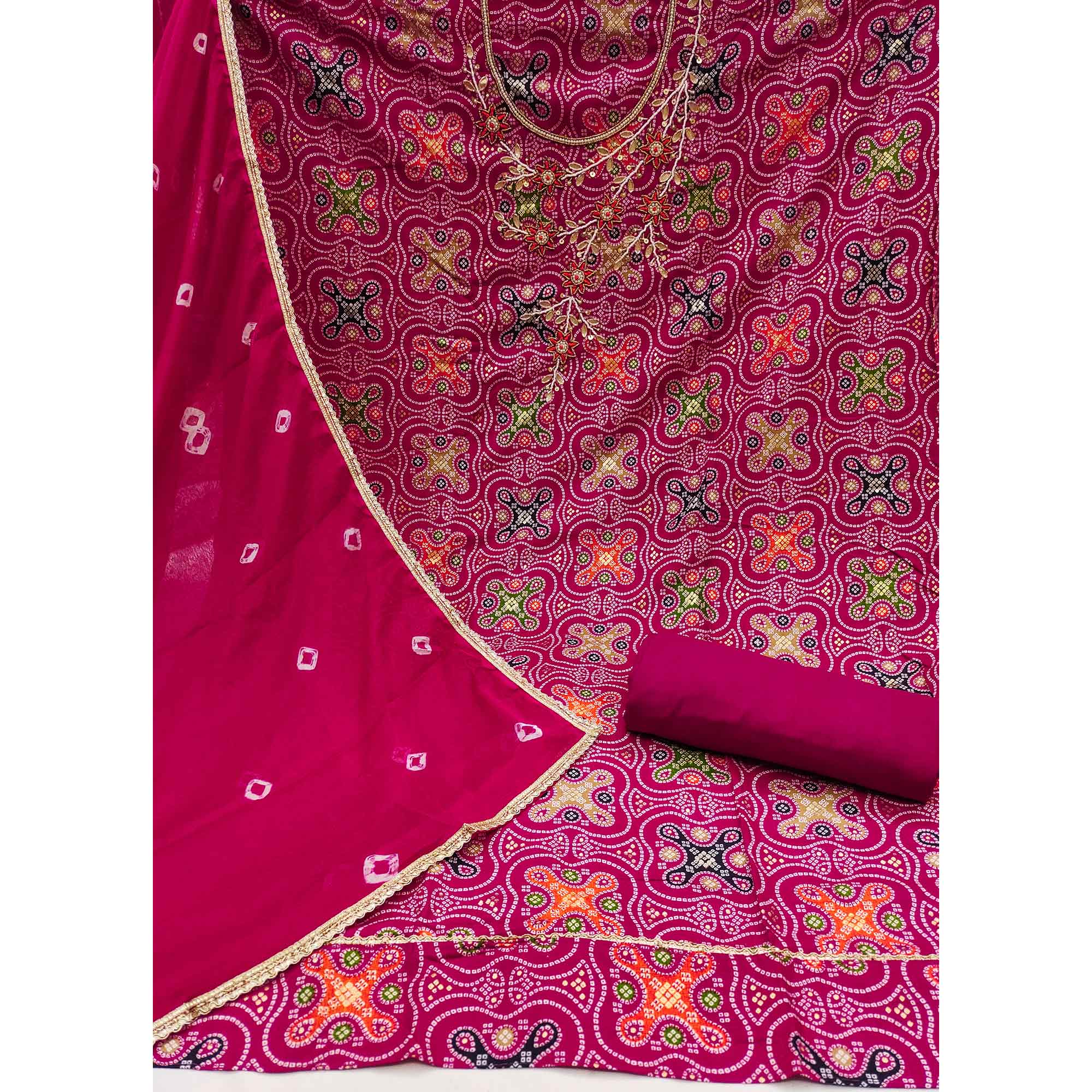 Pink Bandhani Printed Pure Cotton Dress Material With Delicate Moti & Gota Patti Handwork
