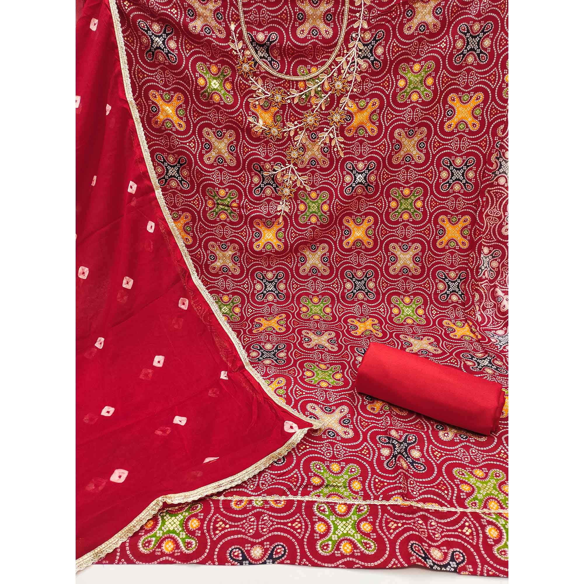 Red Bandhani Printed Pure Cotton Dress Material With Delicate Moti & Gota Patti Handwork