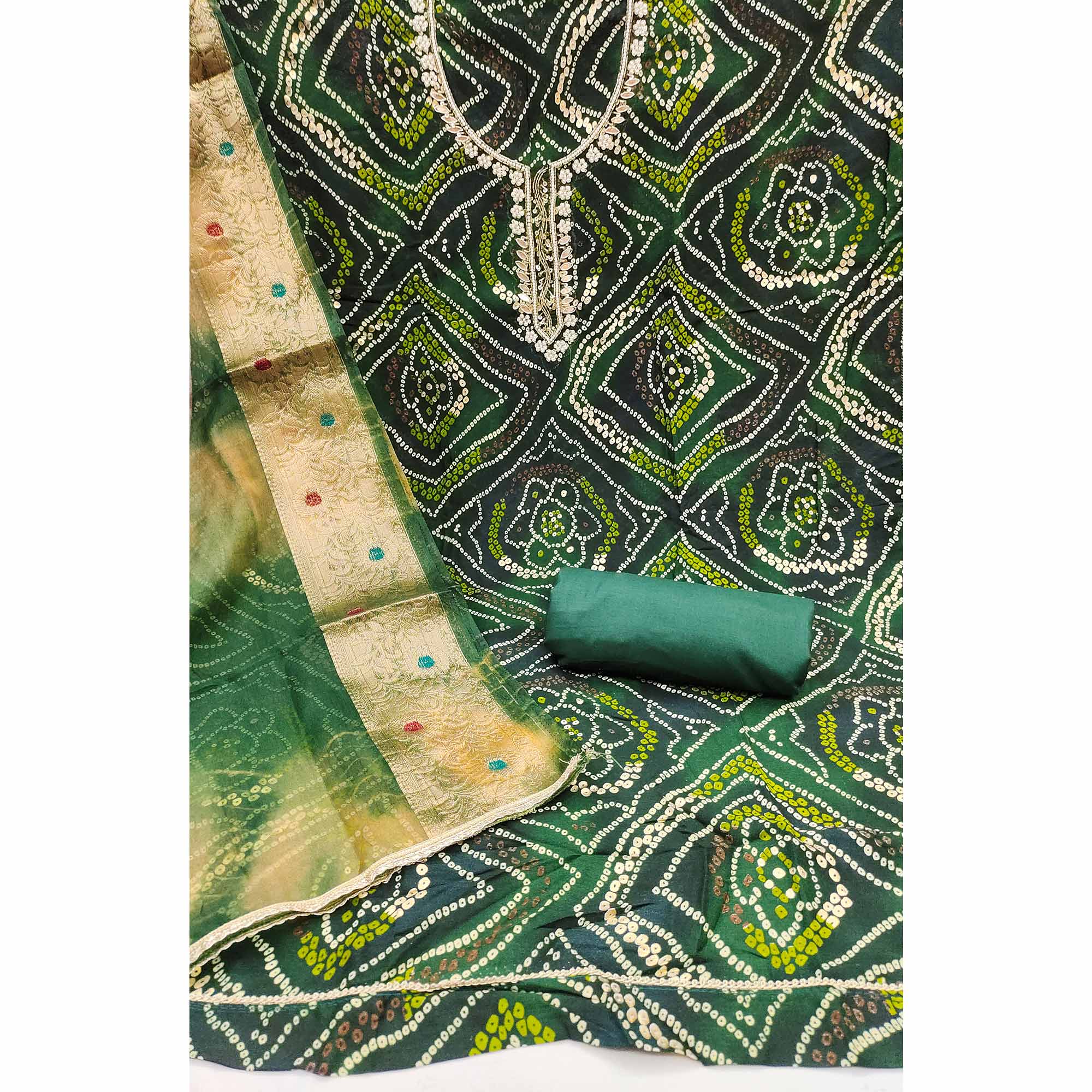 Green Bandhani Printed Pure Cotton Dress Material With Artistic Moti & Gota Patti Handwork