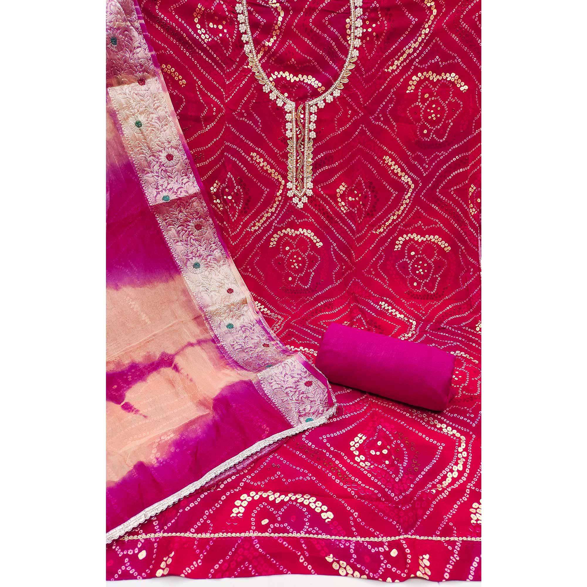 Pink Bandhani Printed Pure Cotton Dress Material With Artistic Moti & Gota Patti Handwork