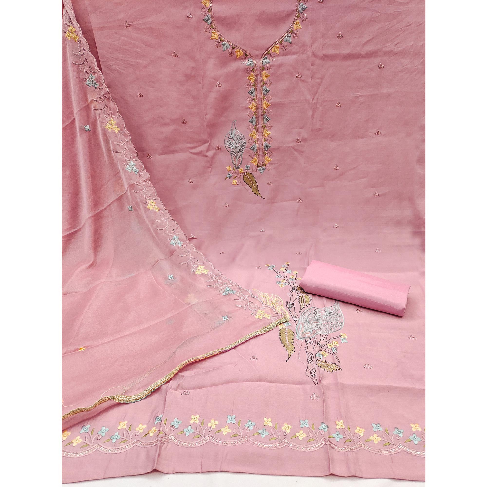 Peach Dress Material In Cotton Silk With Floral Embroidery & Sequin Accents