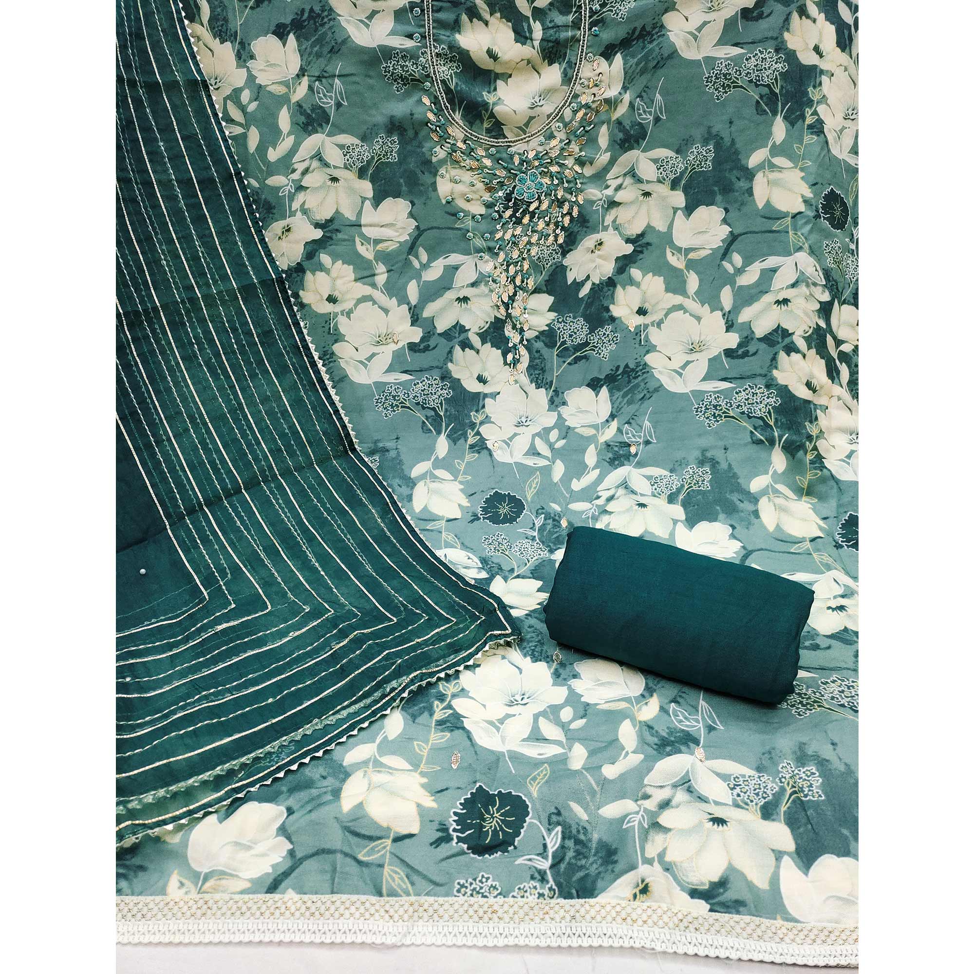 Teal Floral Printed With Intricate Moti & Sequins Handwork Cotton Silk Dress Material