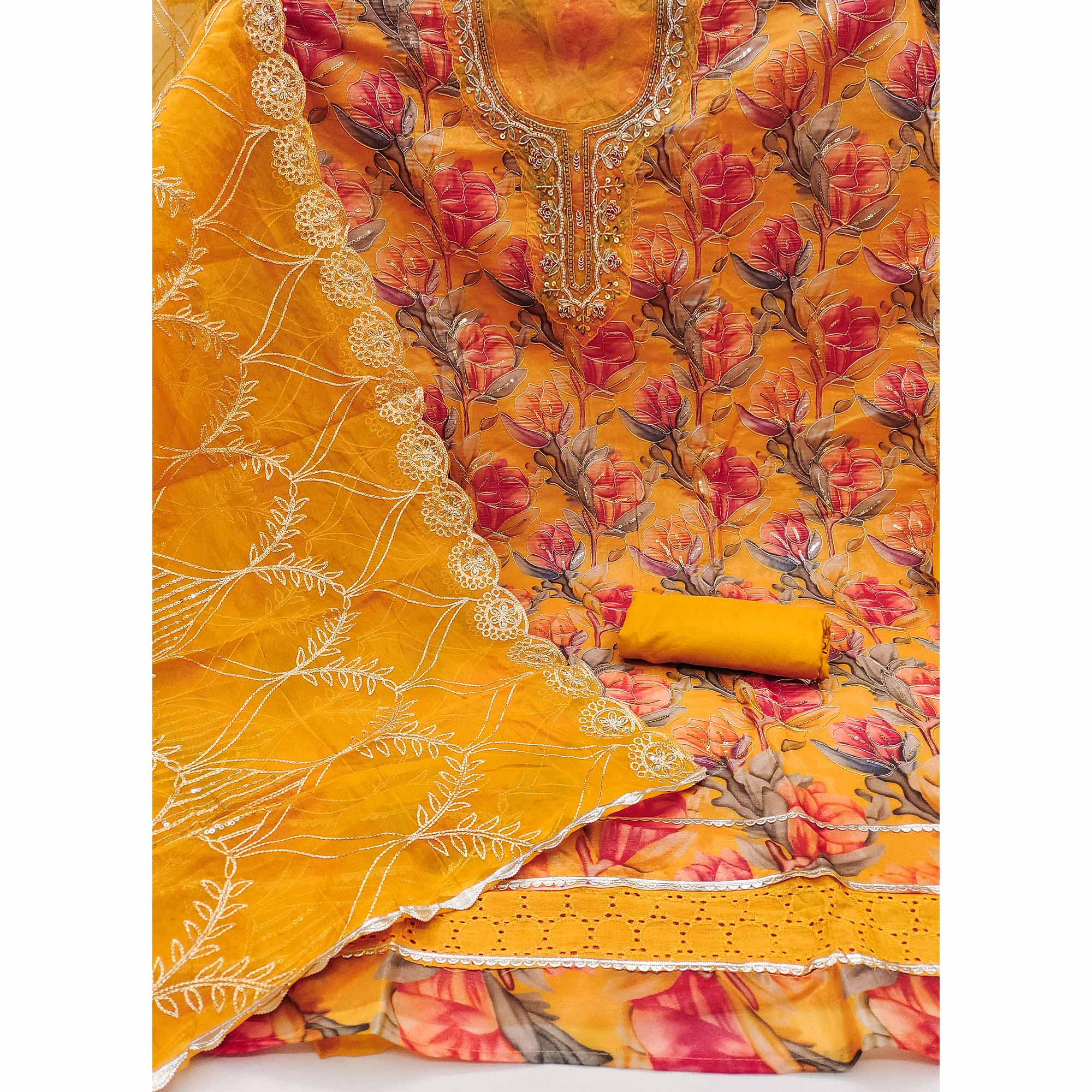 Mustard Bloom Charm With Floral Print & Delicate Sequins & Moti Handwork Dress Material