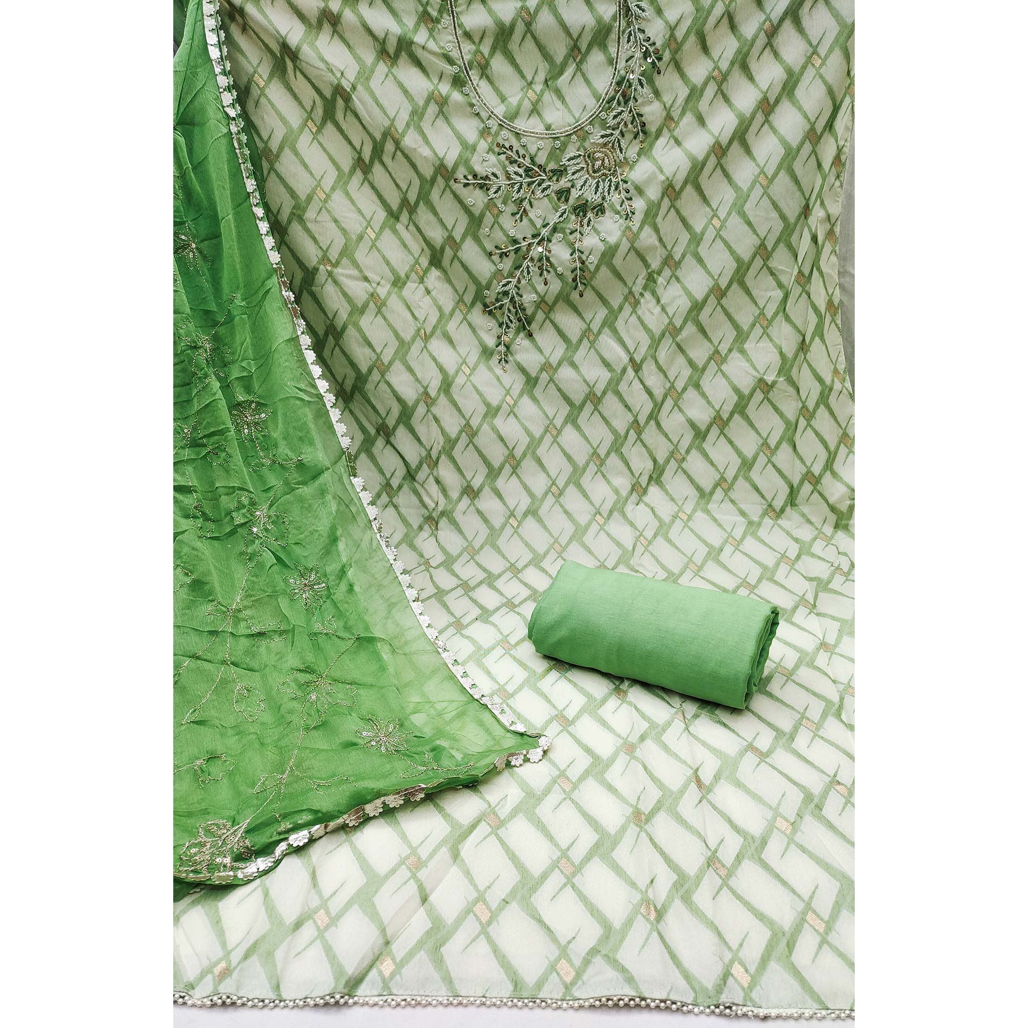 Green Woven Banarasi Silk Dress Material With Intricate Moti & Sequins Handwork