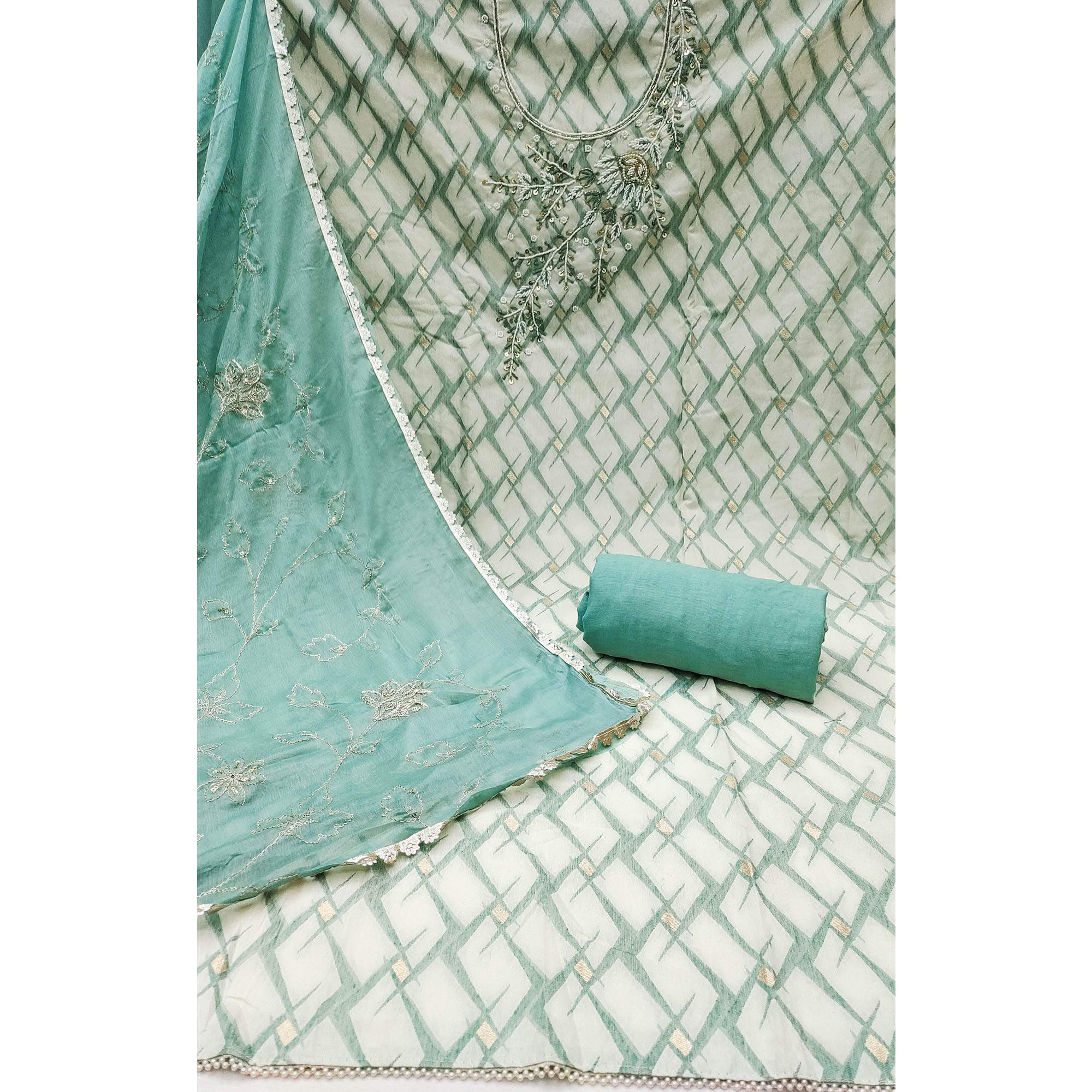 Turquoise Woven Banarasi Silk Dress Material With Intricate Moti & Sequins Handwork