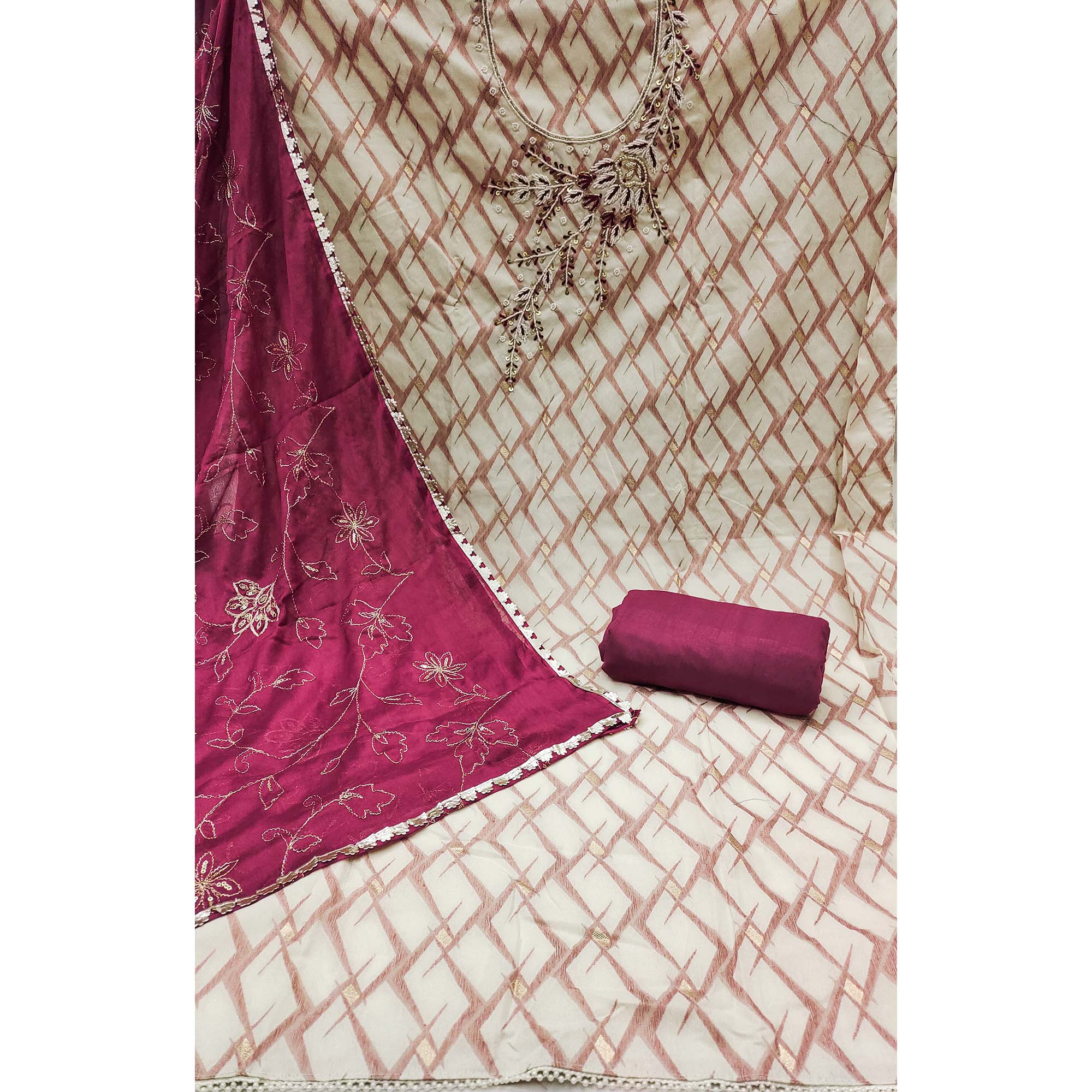 Wine Woven Banarasi Silk Dress Material With Intricate Moti & Sequins Handwork