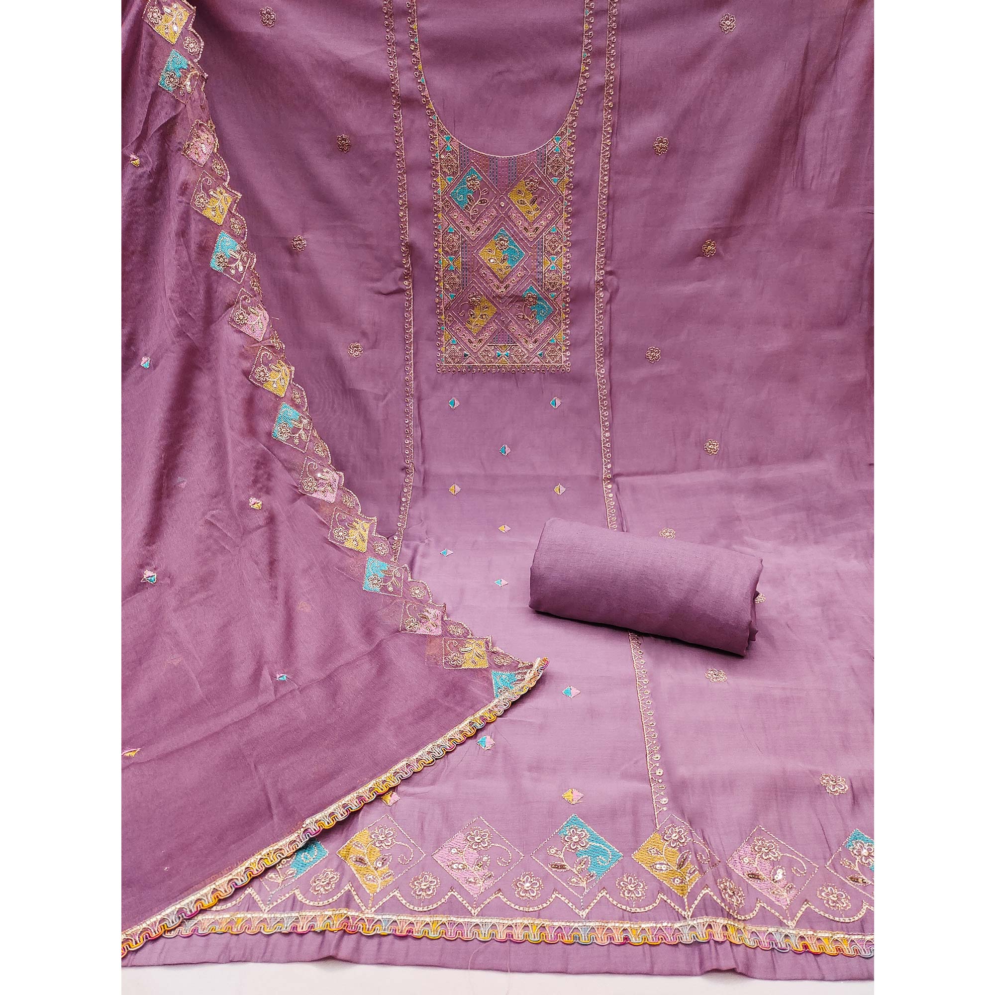 Dusty Mauve Floral Embroidered Cotton Silk Dress Material With Glimmering Sequins Work