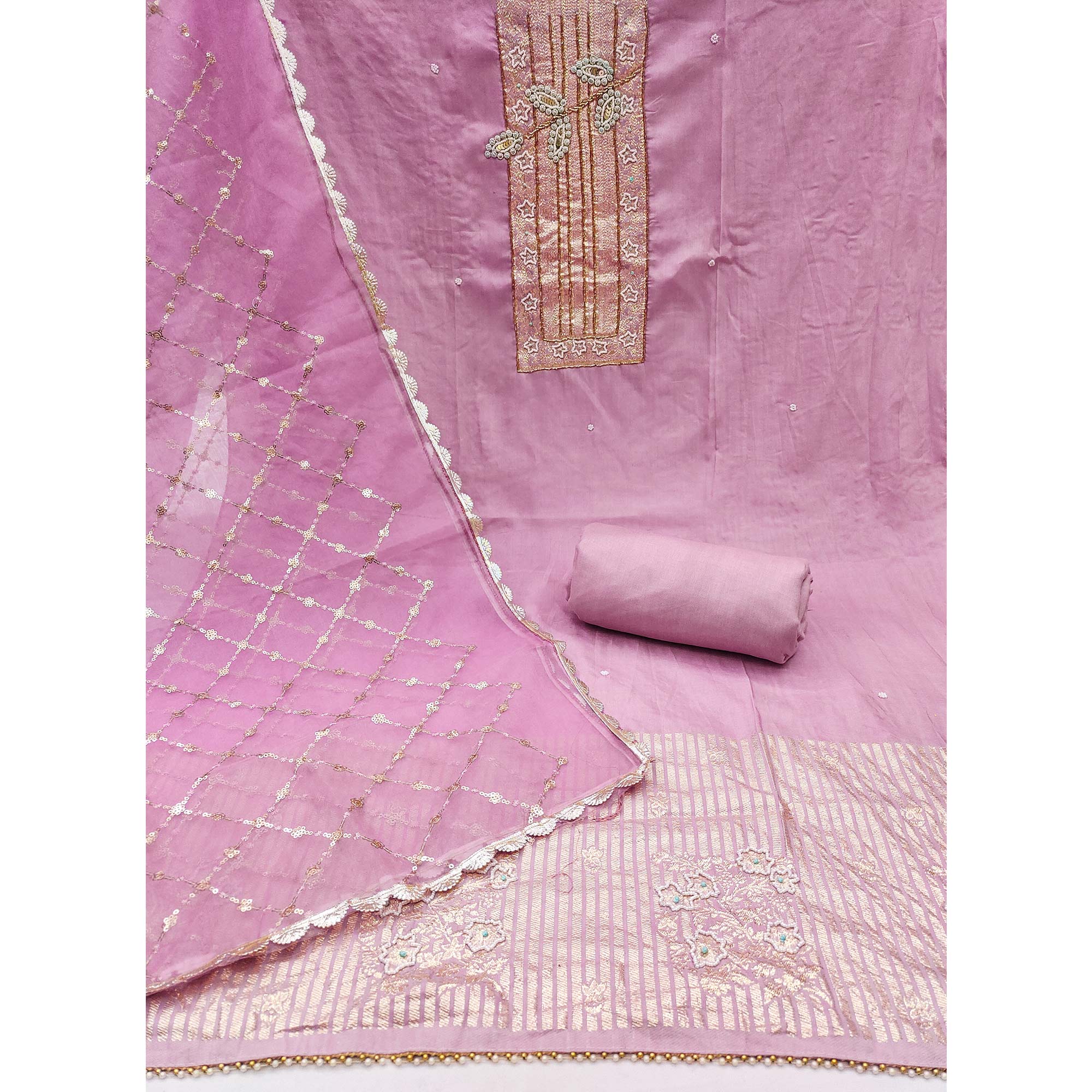 Pink Woven With Intricate Moti Handwork Banarasi Cotton Dress Material