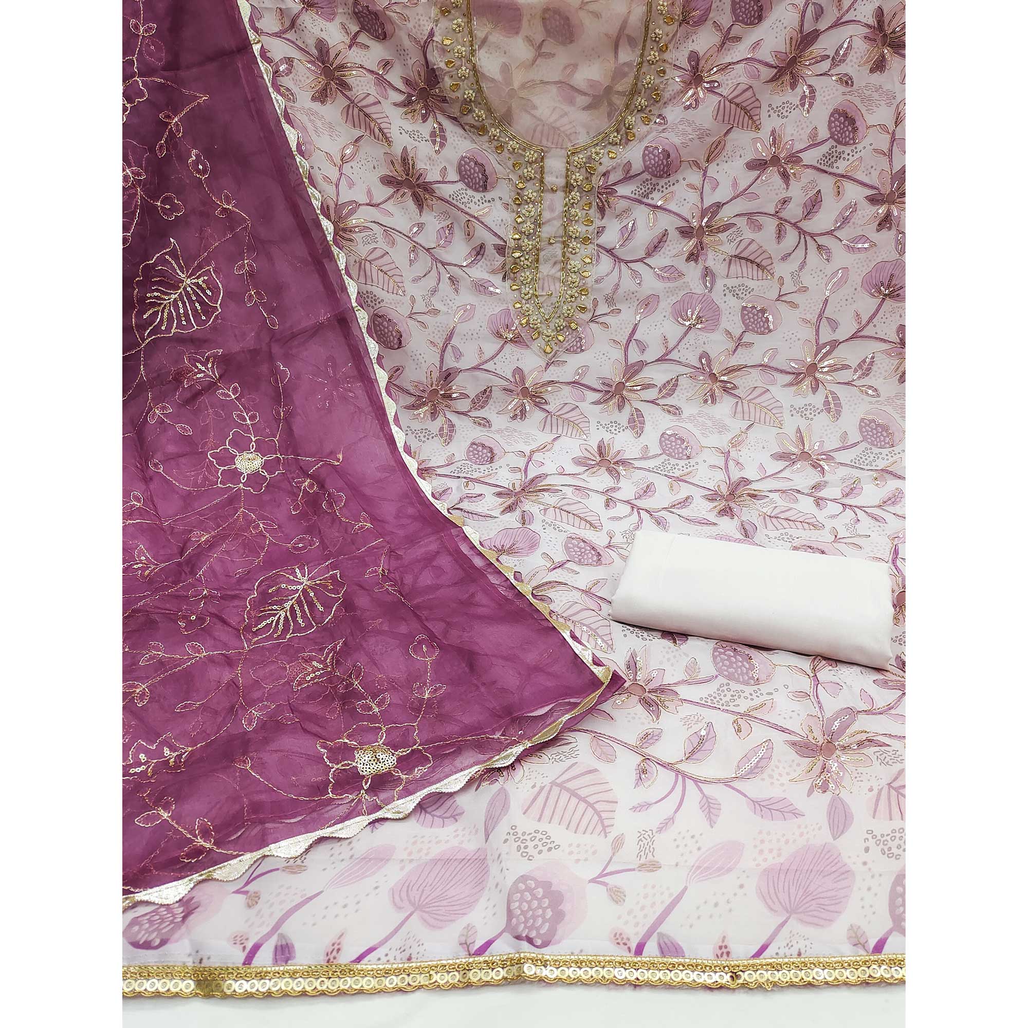 Wine Floral Elegance Dress Material With Handwork & Sequins On Organza