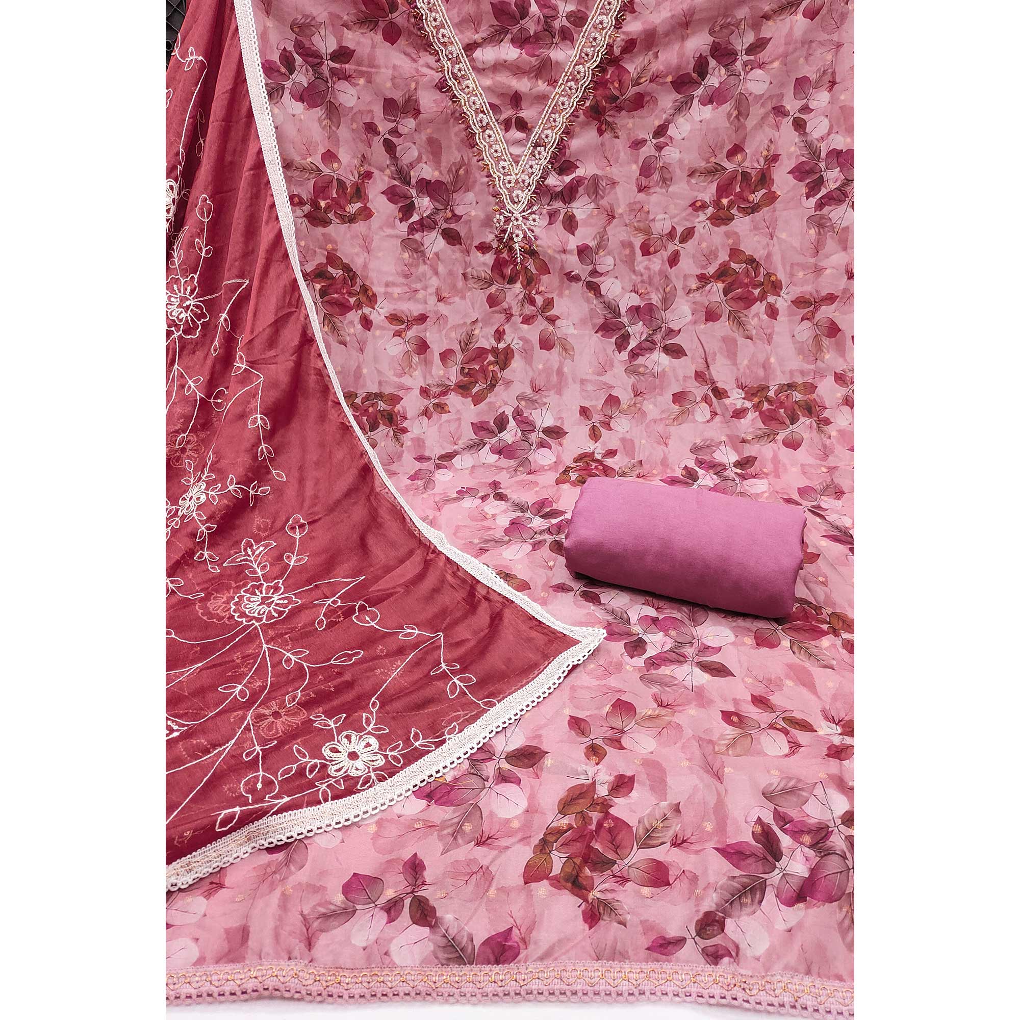 Peach Banarasi Silk Dress Material With Digital Print & Moti Handwork