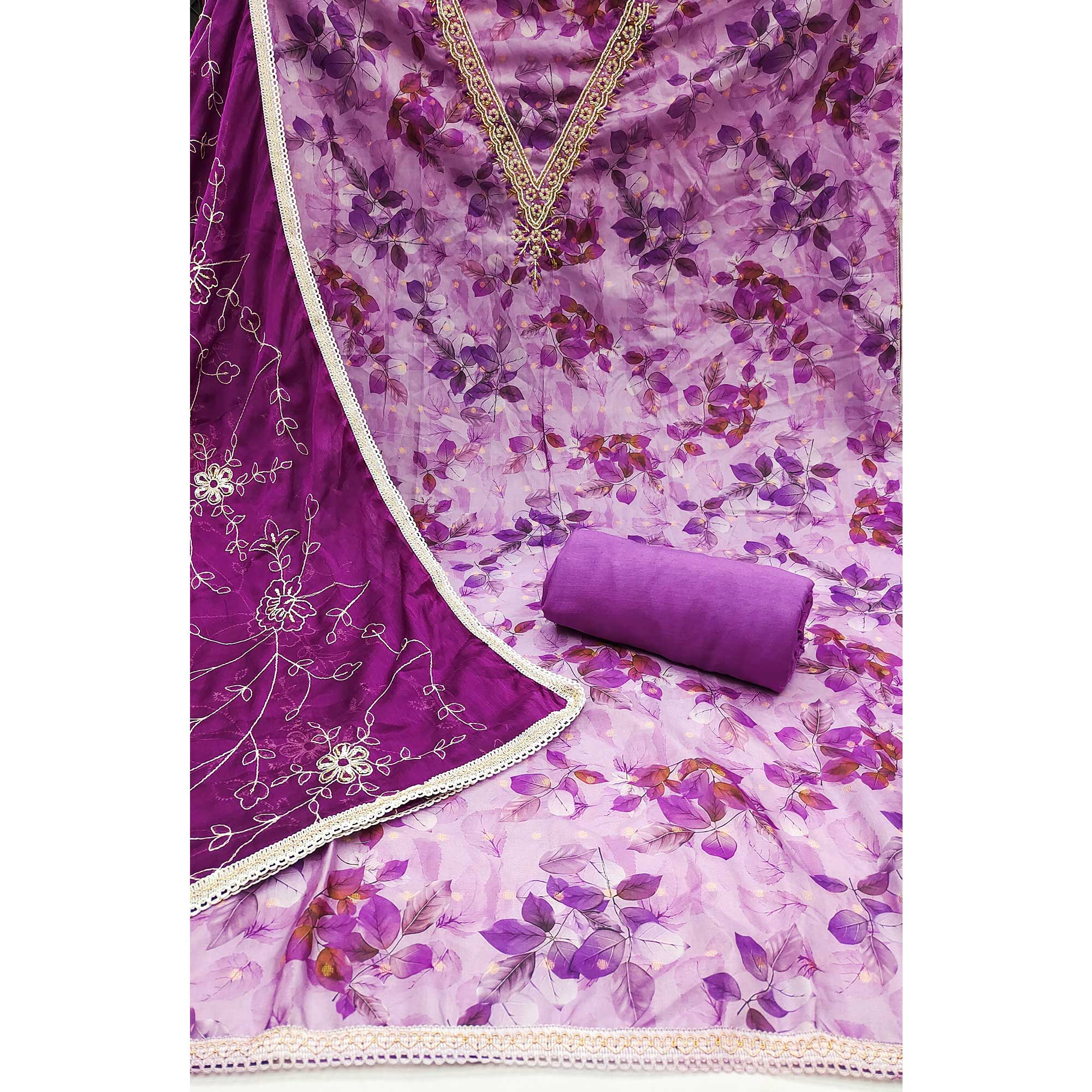 Purple Banarasi Silk Dress Material With Digital Print & Moti Handwork