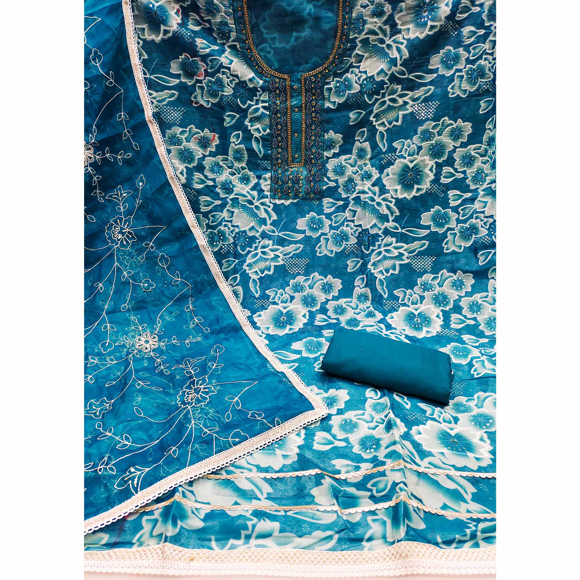 Blue Delicate Floral Sequins & Hand Embellishments On Flowing Organza Dress Material