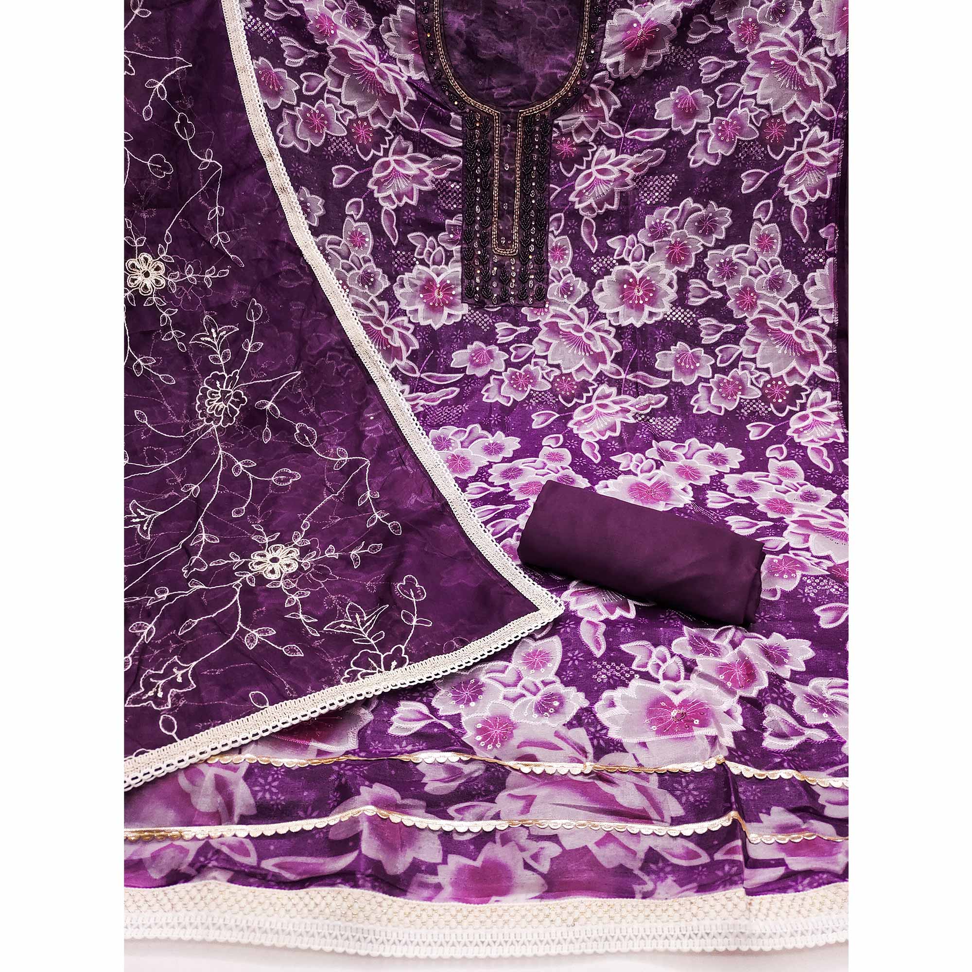 Purple Delicate Floral Sequins & Hand Embellishments On Flowing Organza Dress Material