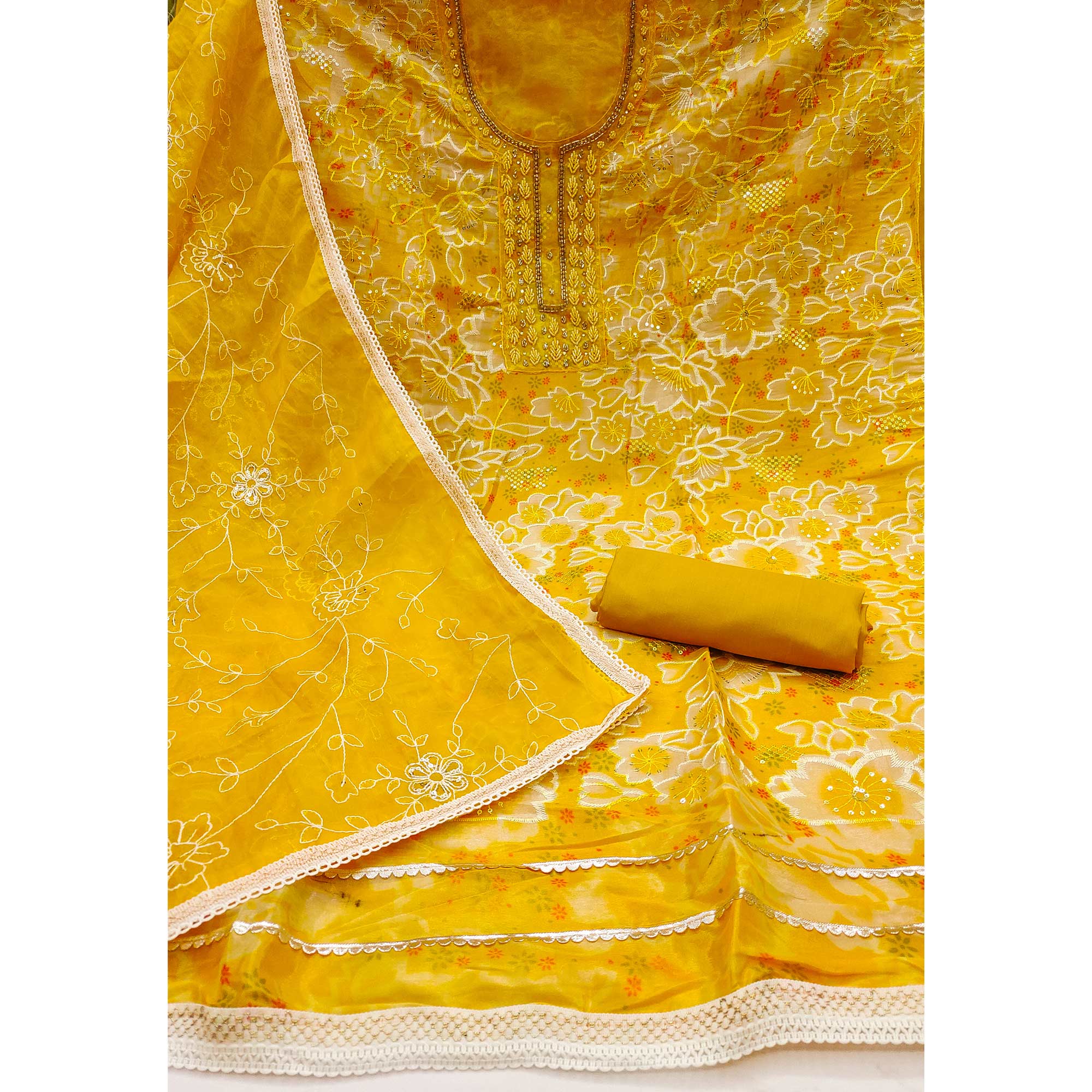 Yellow Delicate Floral Sequins & Hand Embellishments On Flowing Organza Dress Material