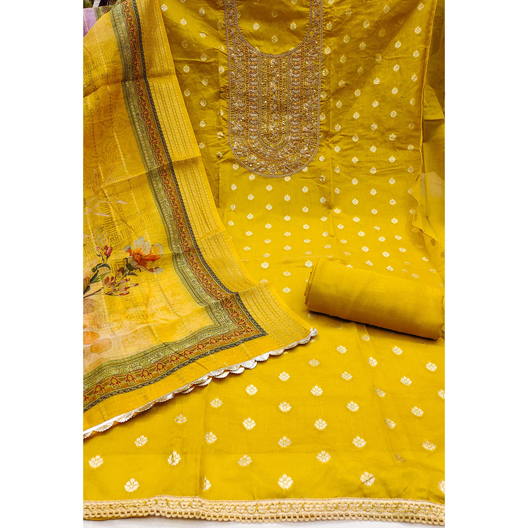 Mustard Woven Banarasi Cotton Silk Dress Material Accented With Sequins Embroidery