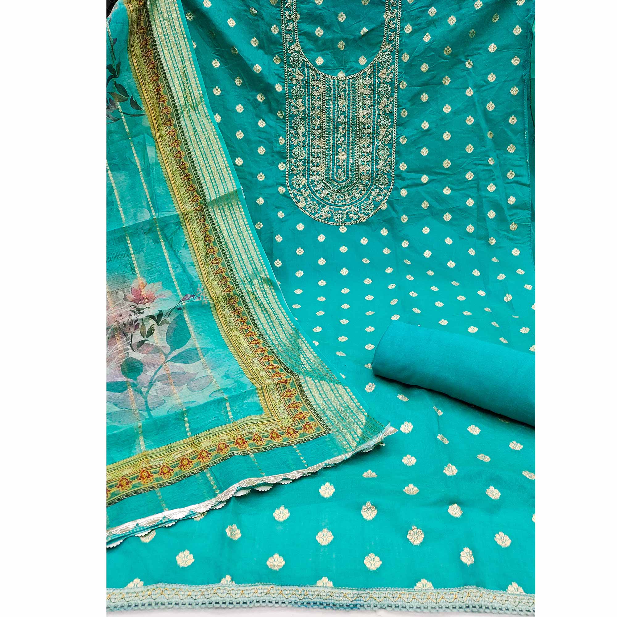 Turquoise Woven Banarasi Cotton Silk Dress Material Accented With Sequins Embroidery
