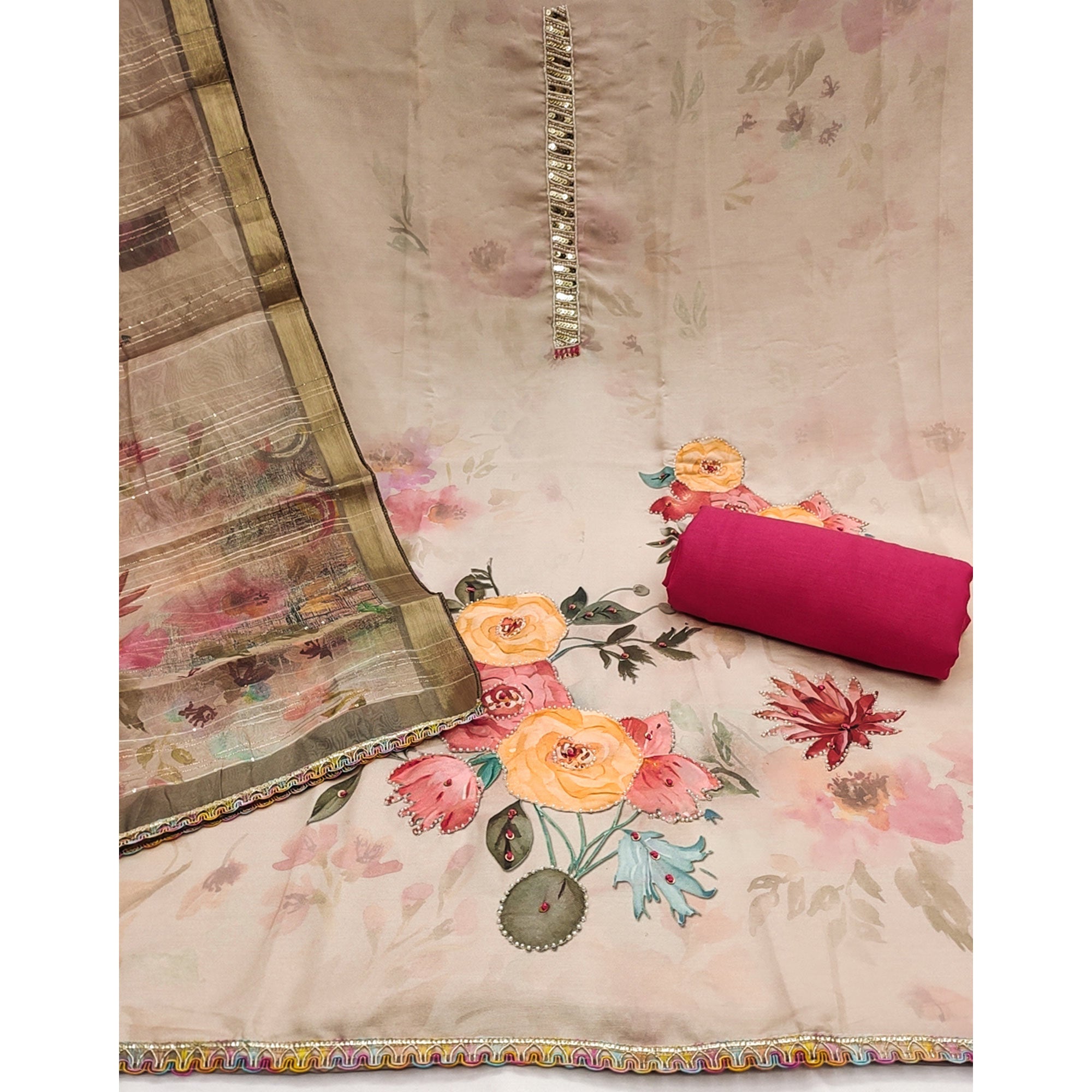 Beige Pure Cotton Dress Material With Floral Digital Print & Fine Handwork