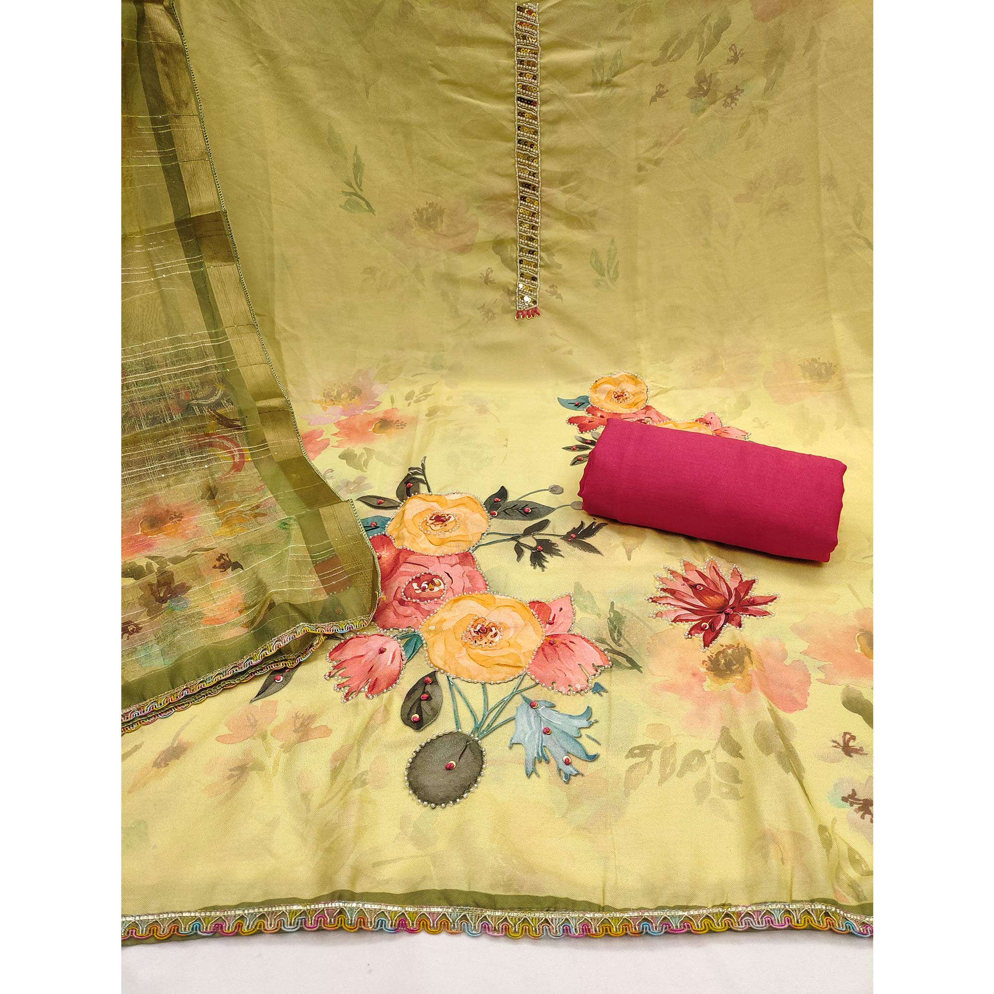 Lemon Yellow Pure Cotton Dress Material With Floral Digital Print & Fine Handwork