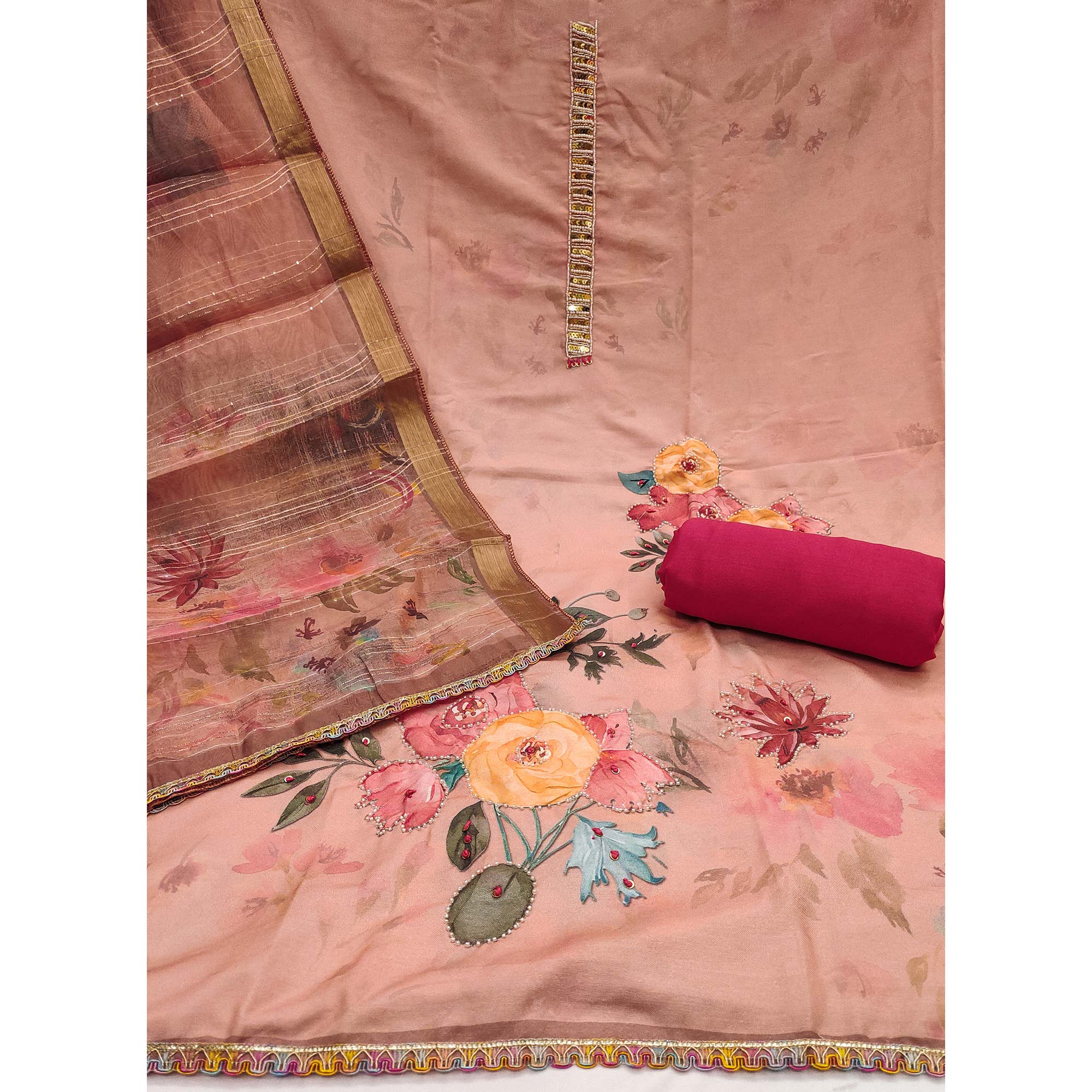 Peach Pure Cotton Dress Material With Floral Digital Print & Fine Handwork