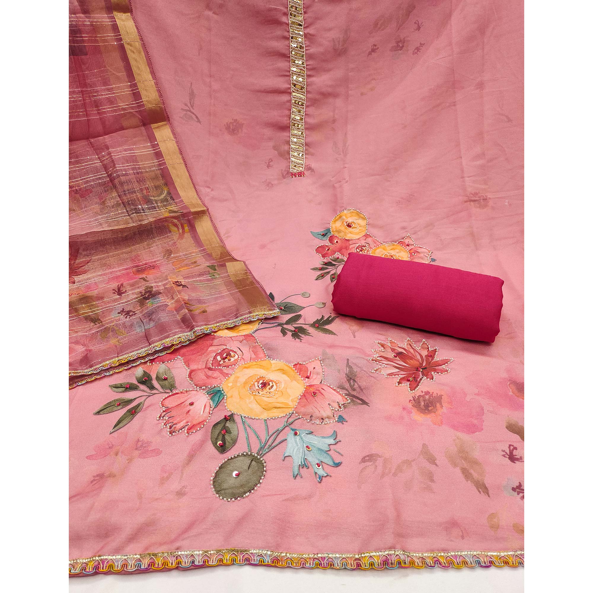 Pink Pure Cotton Dress Material With Floral Digital Print & Fine Handwork