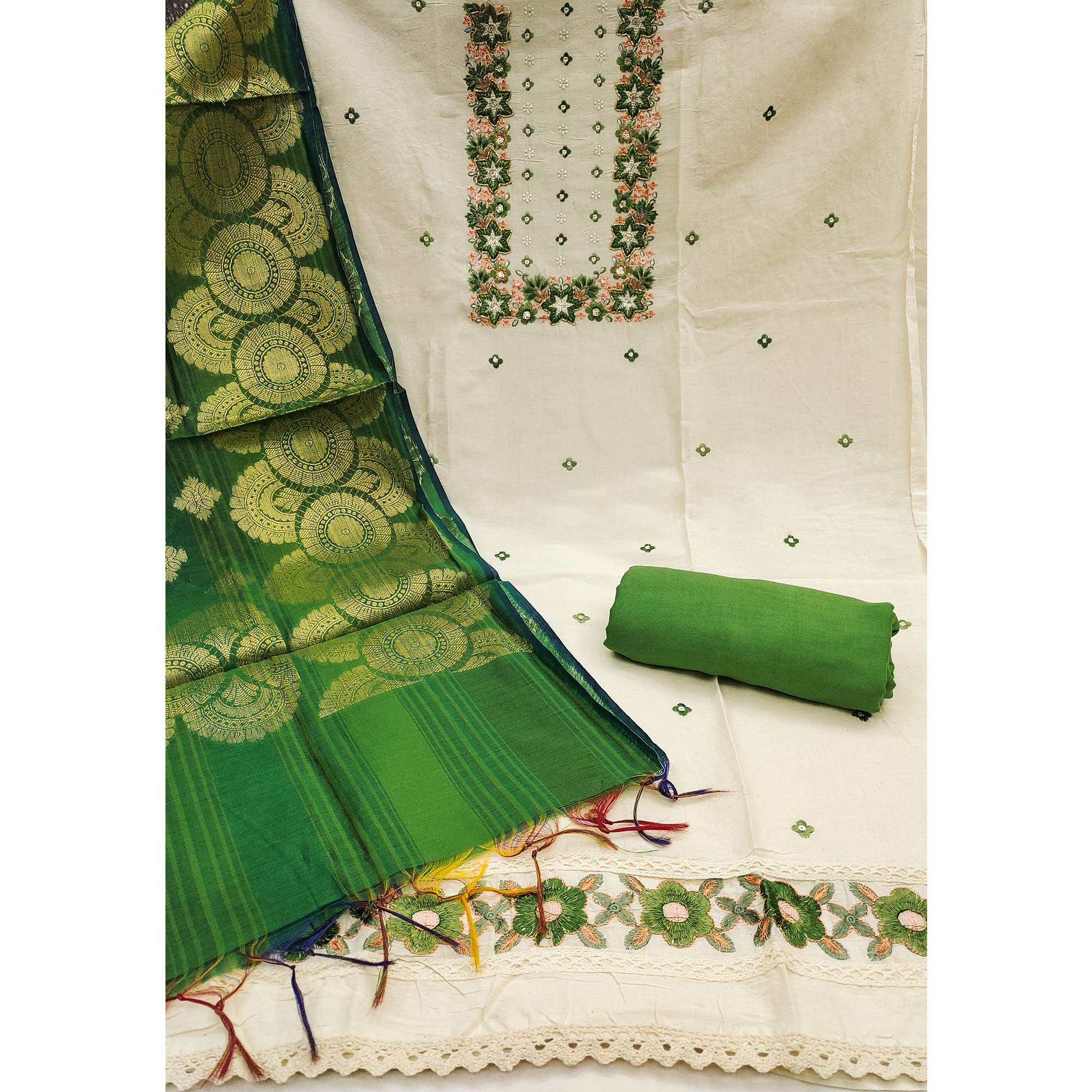 Floral Sequins Embroidered Cream & Green Pure Cotton Dress Material With Delicate Handwork