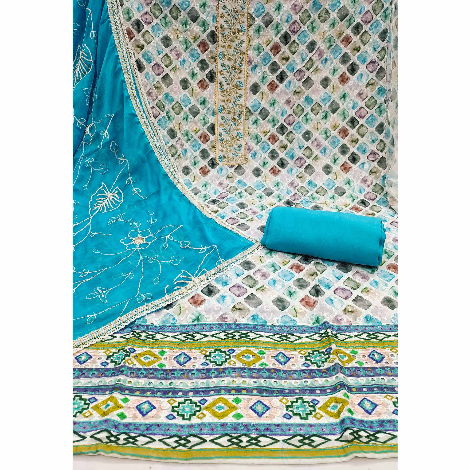Blue Digital Printed With Sequins Embroidery & Handwork Pure Cotton Dress Material