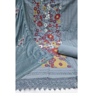 Grey Roman Cotton Silk Dress Material Adorned With Elegant Floral Thread Embroidered Work