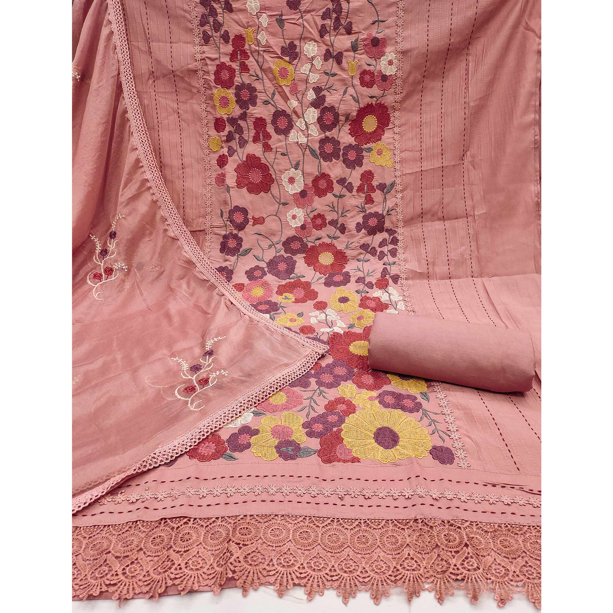 Peach Roman Cotton Silk Dress Material Adorned With Elegant Floral Thread Embroidered Work