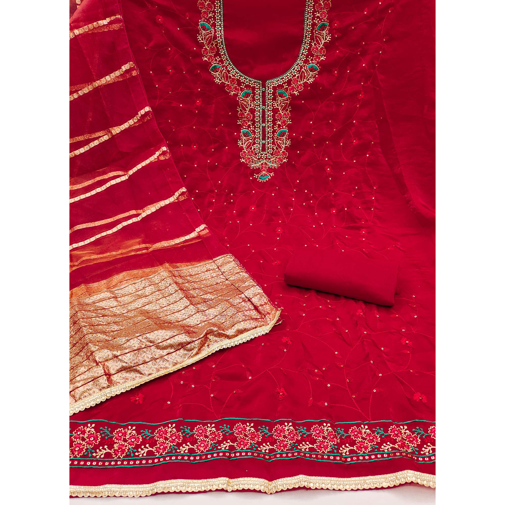 Red Georgette Silk Dress Material Beautified With Floral Sequins Embroidery