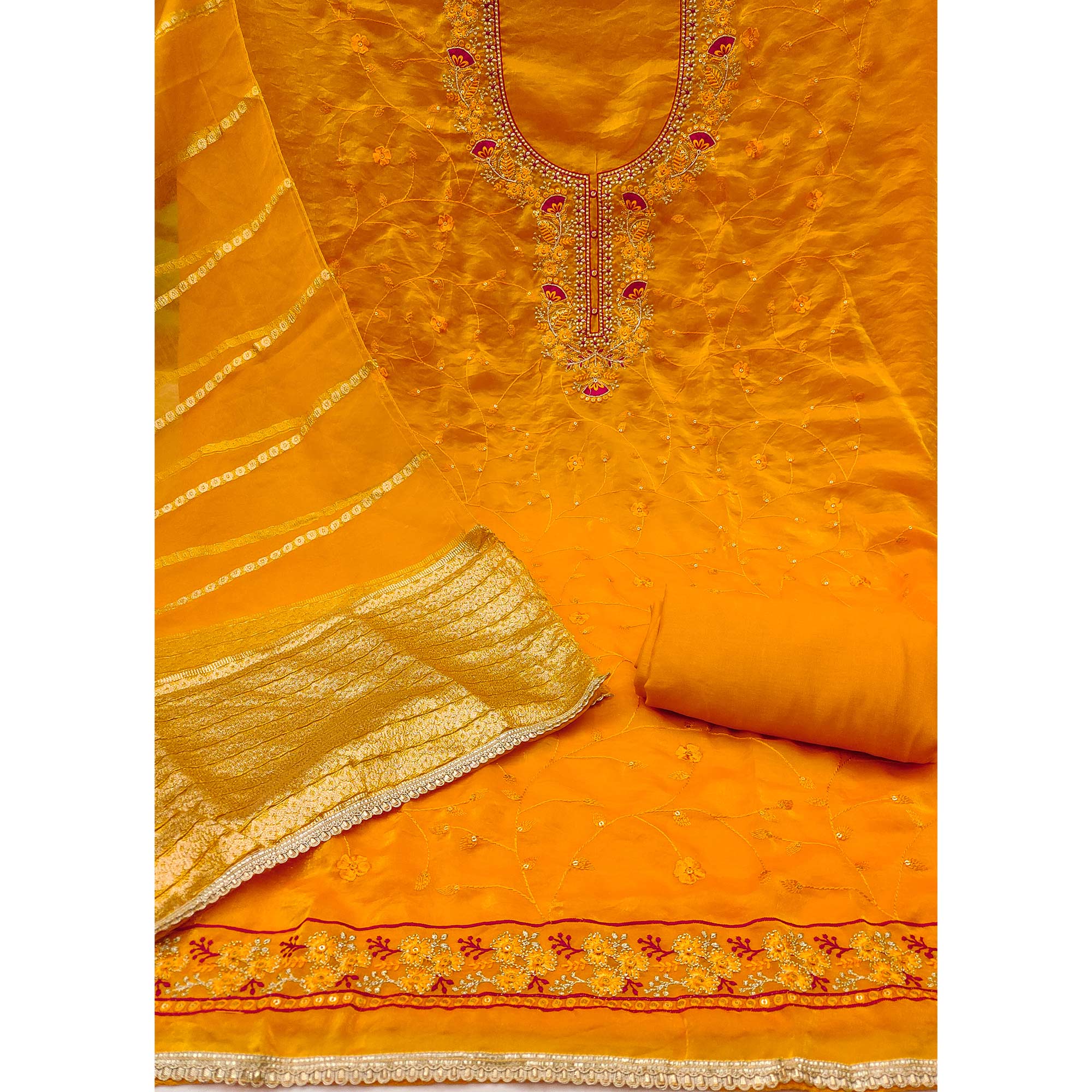 Yellow Georgette Silk Dress Material Beautified With Floral Sequins Embroidery