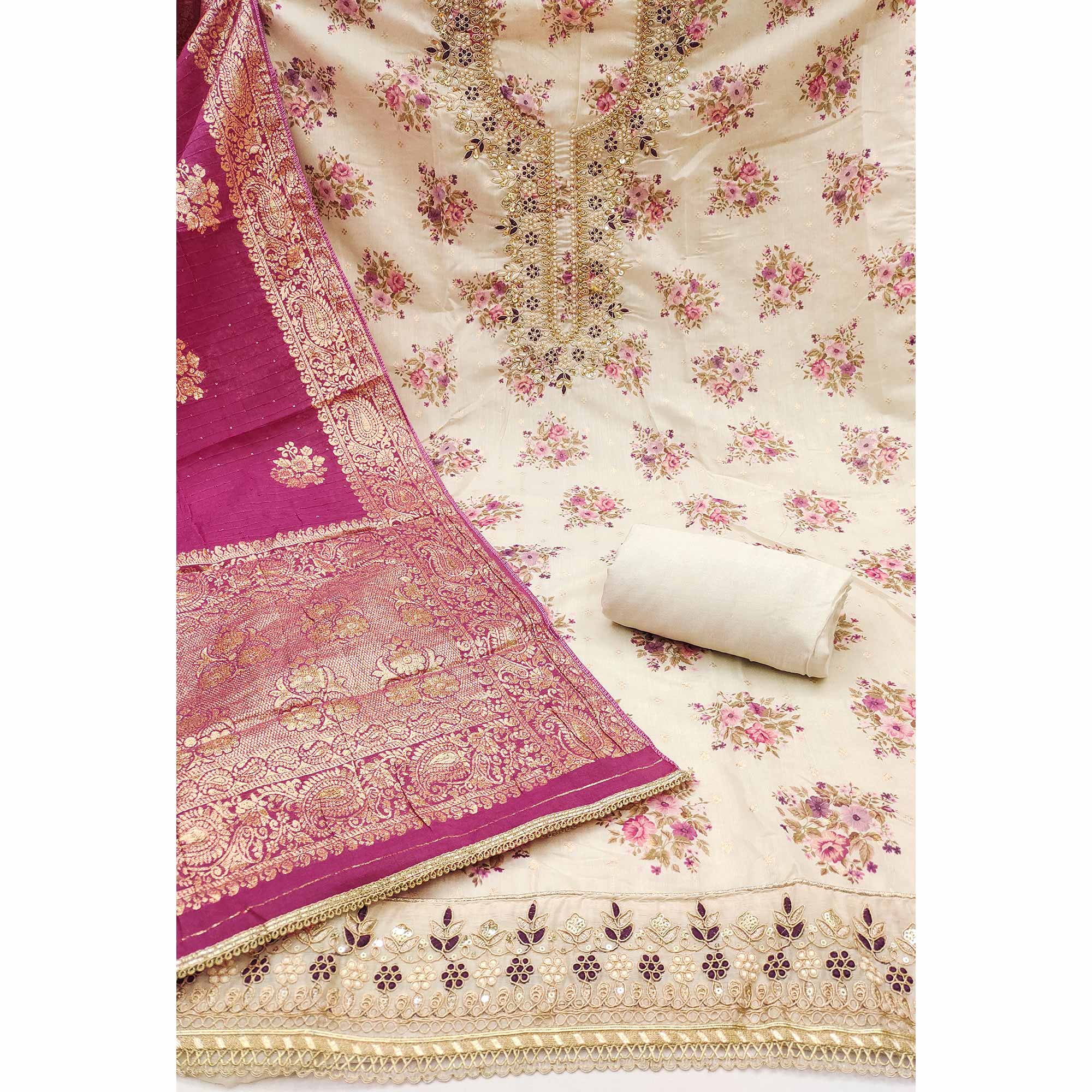 Cream Chanderi Silk Dress Material Adorned With Floral Sequins Embroidery & Delicate Moti Handwork