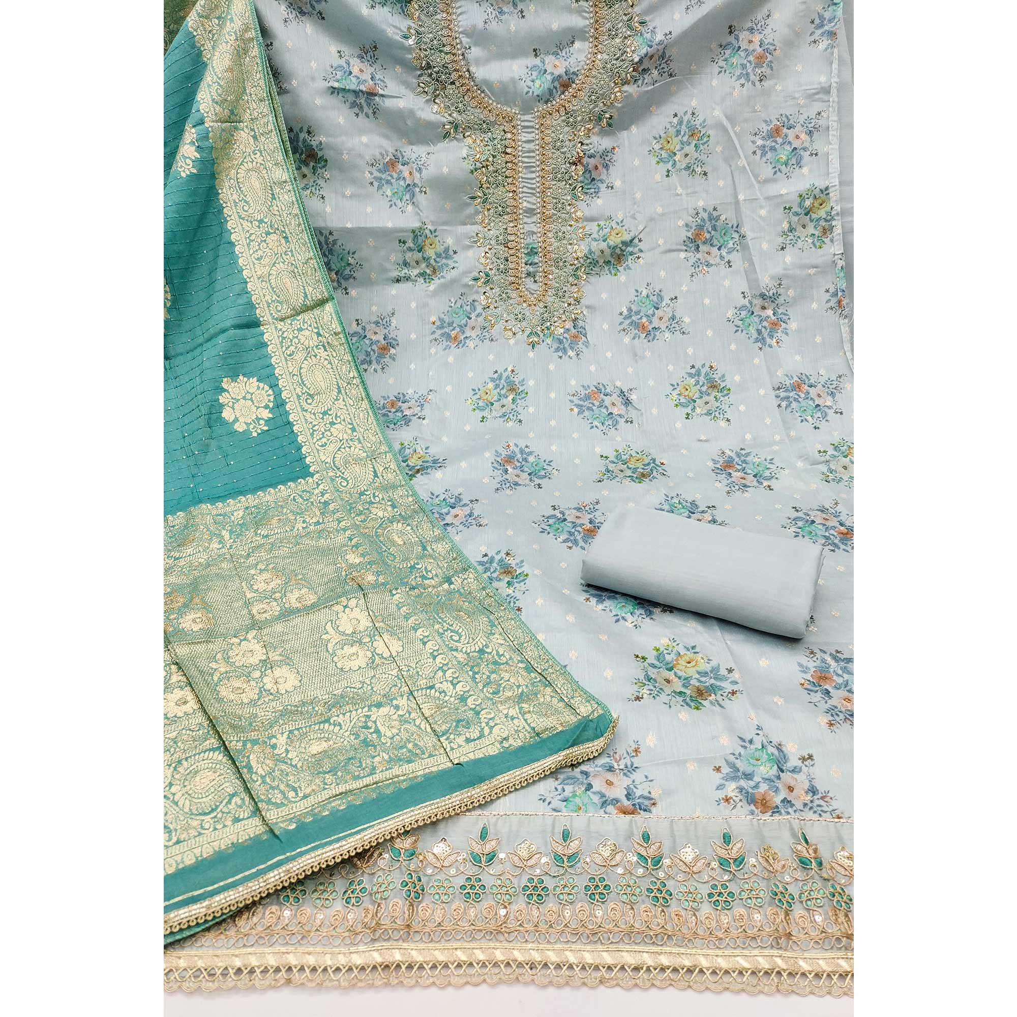 Grey Chanderi Silk Dress Material Adorned With Floral Sequins Embroidery & Delicate Moti Handwork