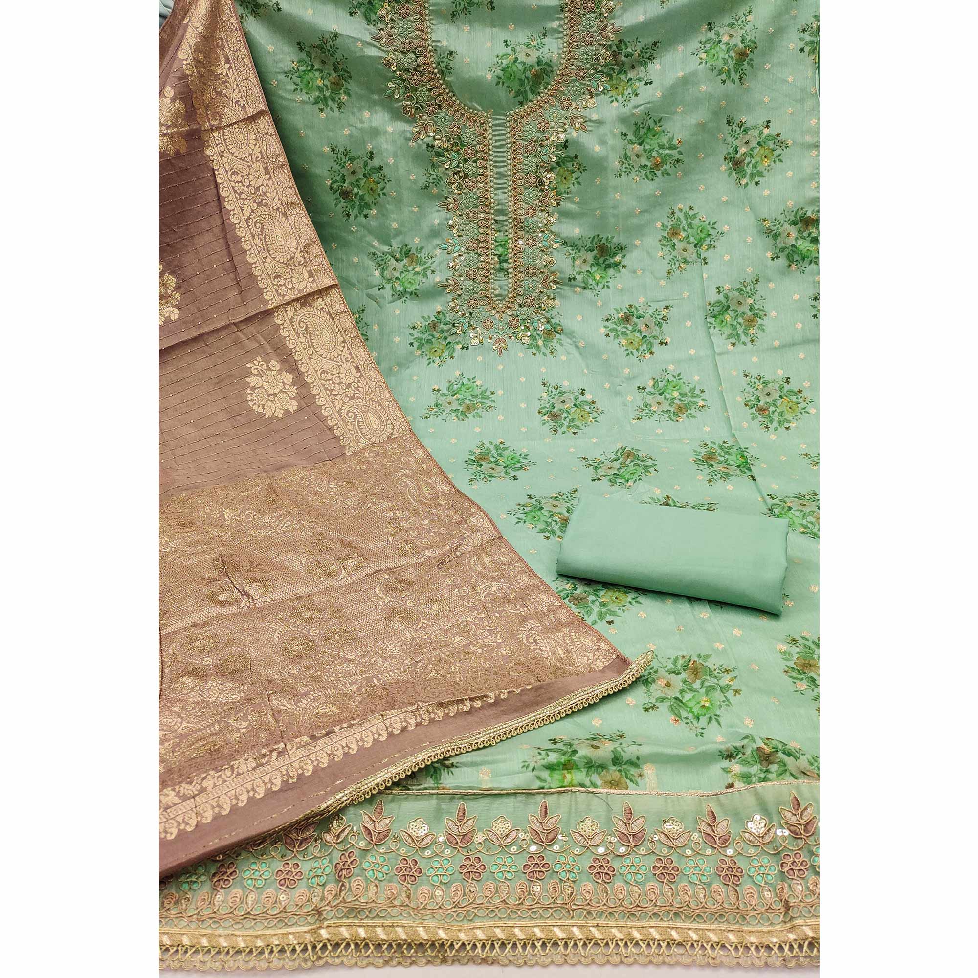 Sea Green Chanderi Silk Dress Material Adorned With Floral Sequins Embroidery & Moti Handwork