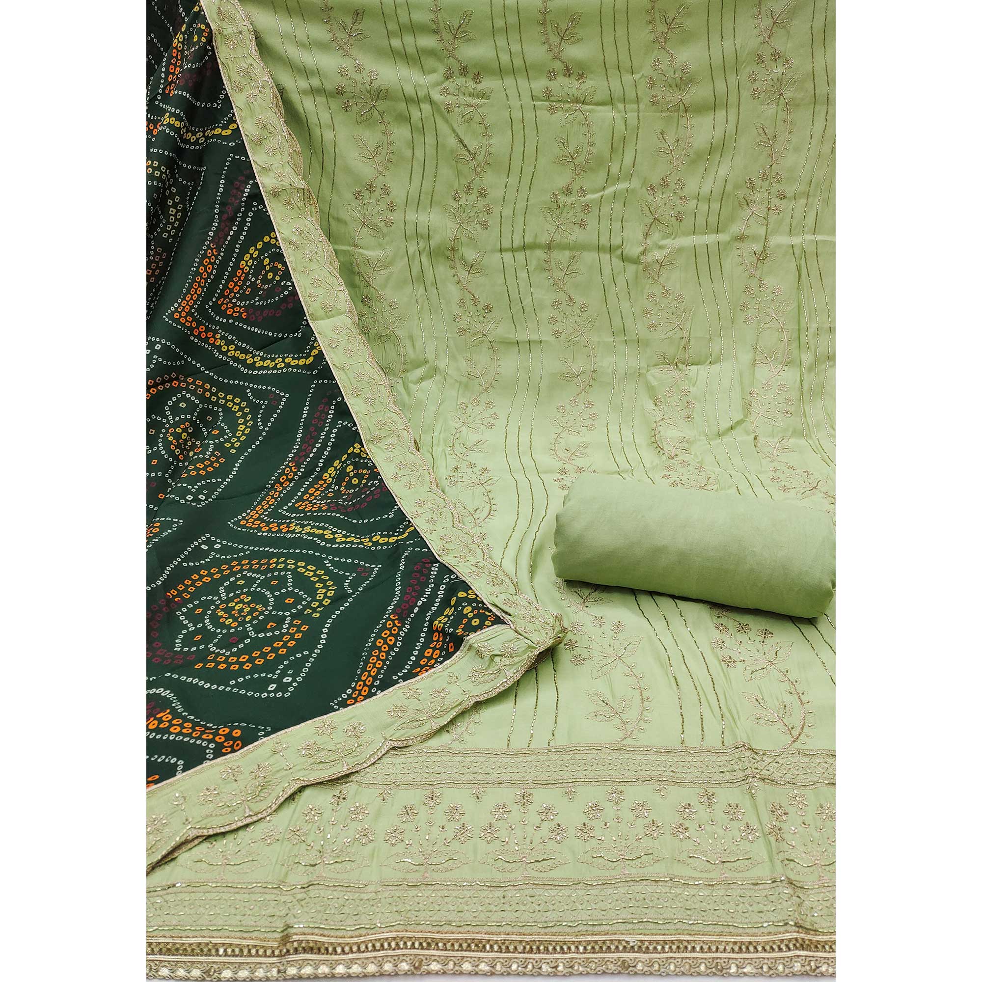 Green Cotton Silk Dress Material Embellished With Elegant Floral Hand Embroidery Work