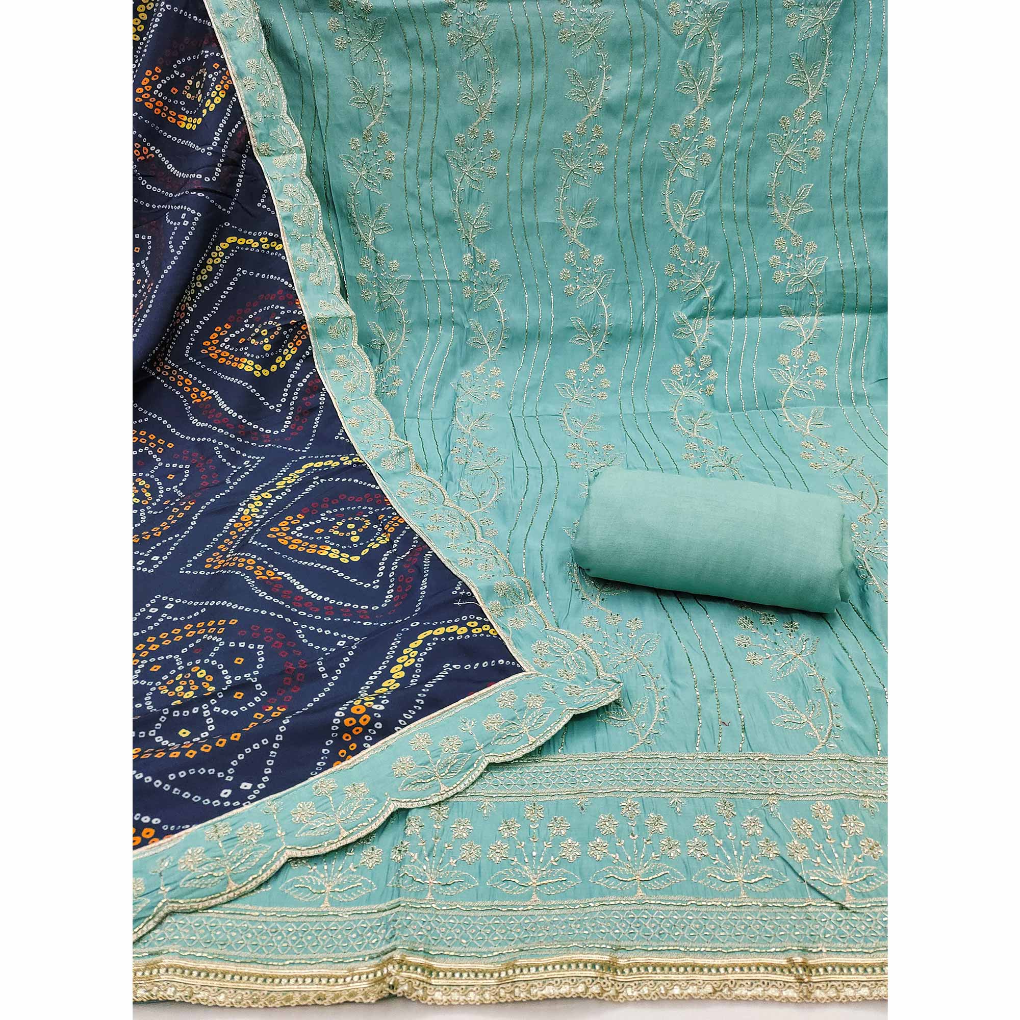 Turquoise Cotton Silk Dress Material Embellished With Elegant Floral Hand Embroidery Work