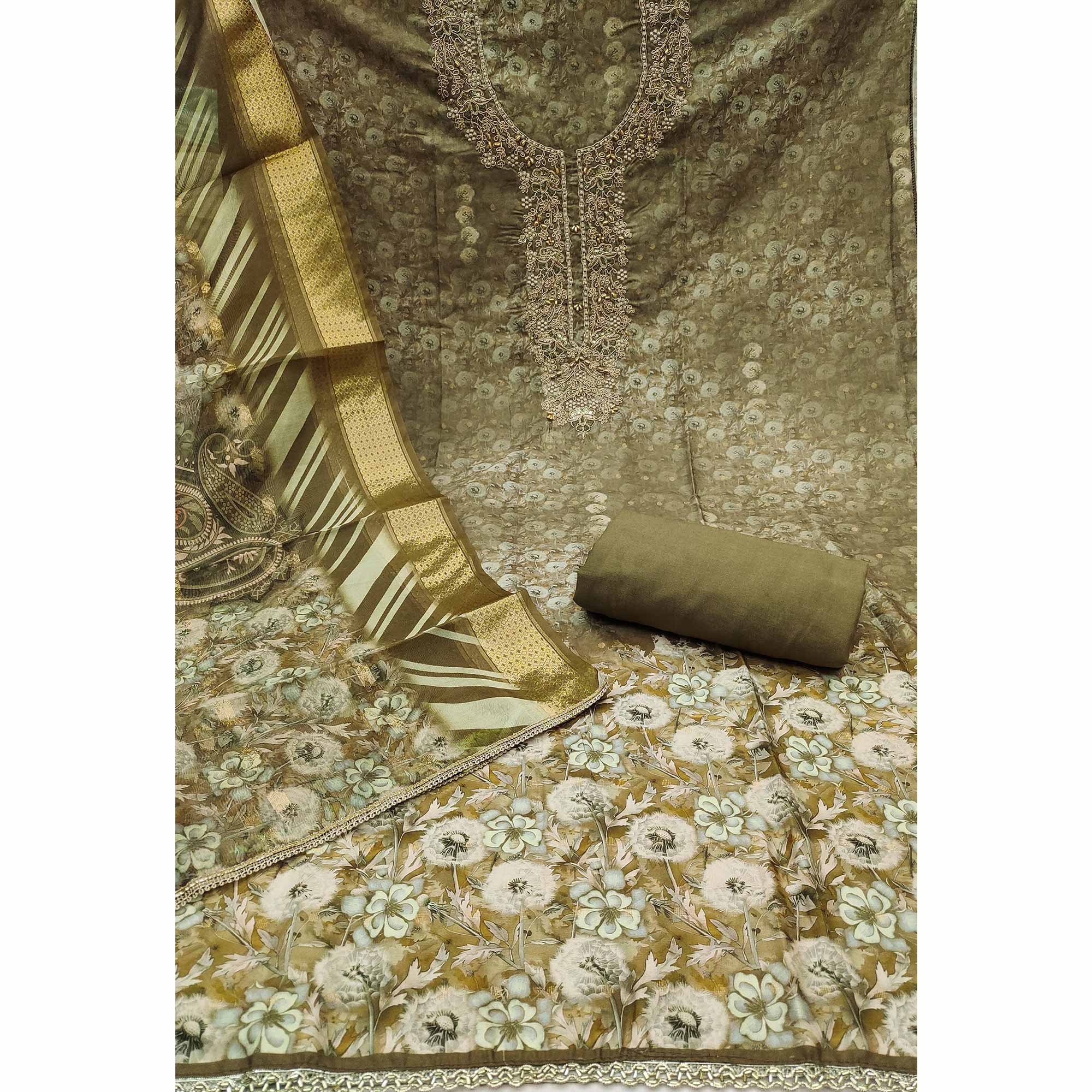 Mehendi Green Banarasi Cotton Blend Dress Material With Floral Digital Print & Moti Handwork