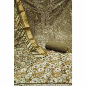 Mehendi Green Banarasi Cotton Blend Dress Material With Floral Digital Print & Moti Handwork