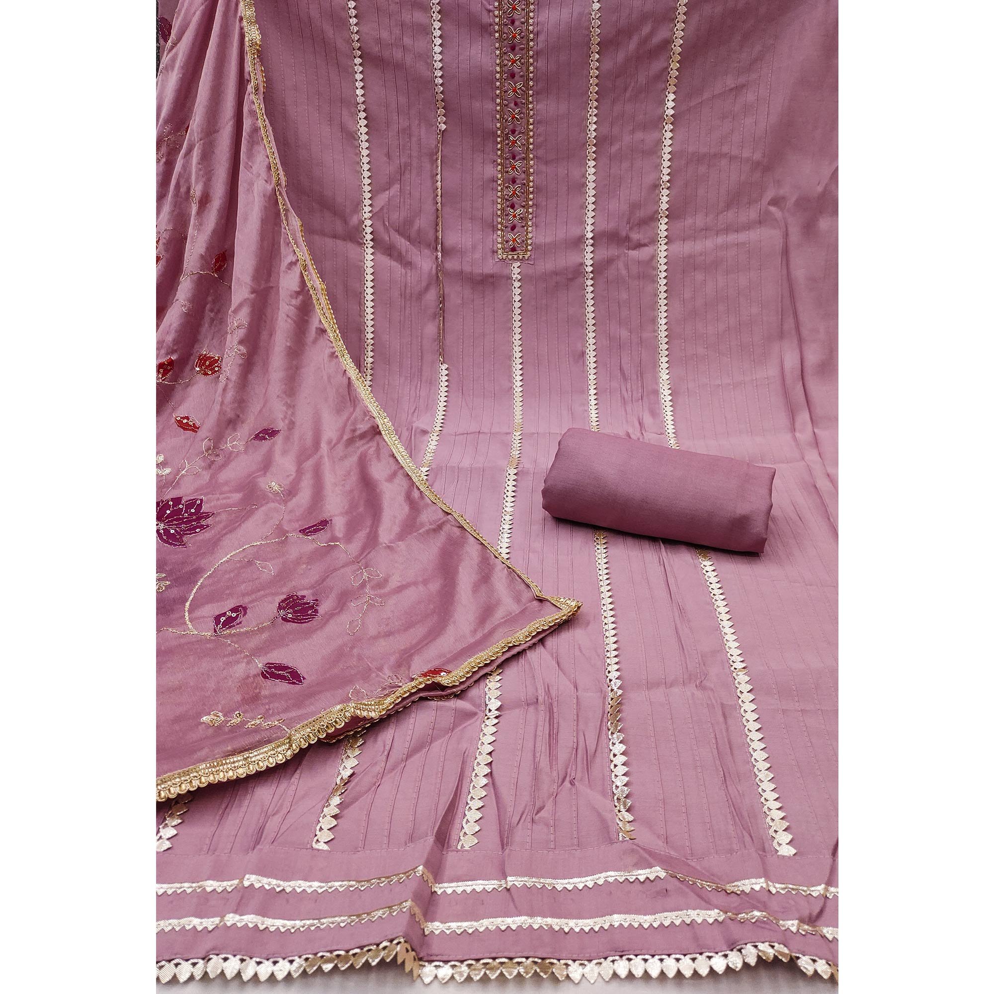 Onion Pink Cotton Silk Dress Material Embellished With Elegant Moti Handwork & Gota Patti Lace