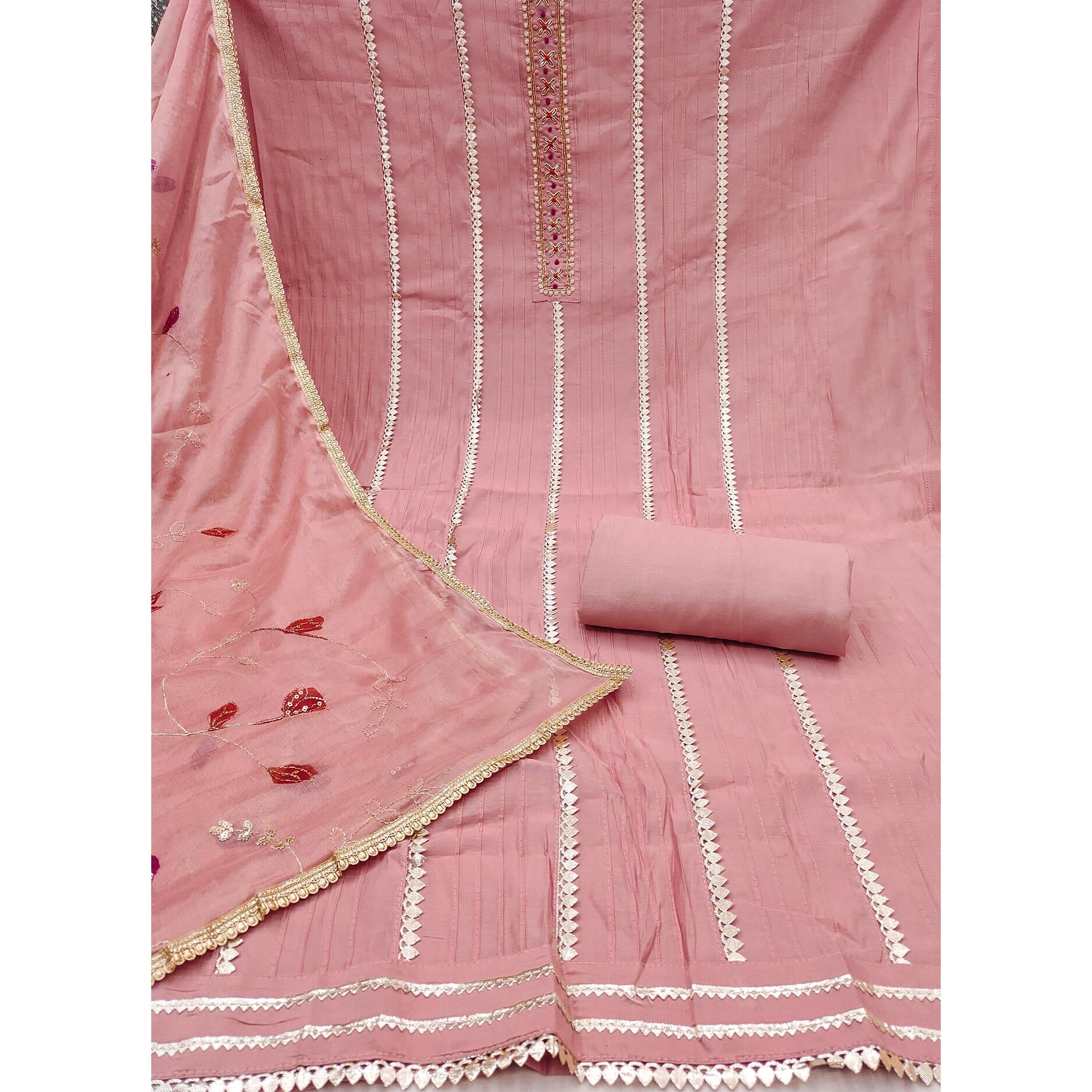 Peach Cotton Silk Dress Material Embellished With Elegant Moti Handwork & Delicate Gota Patti Lace