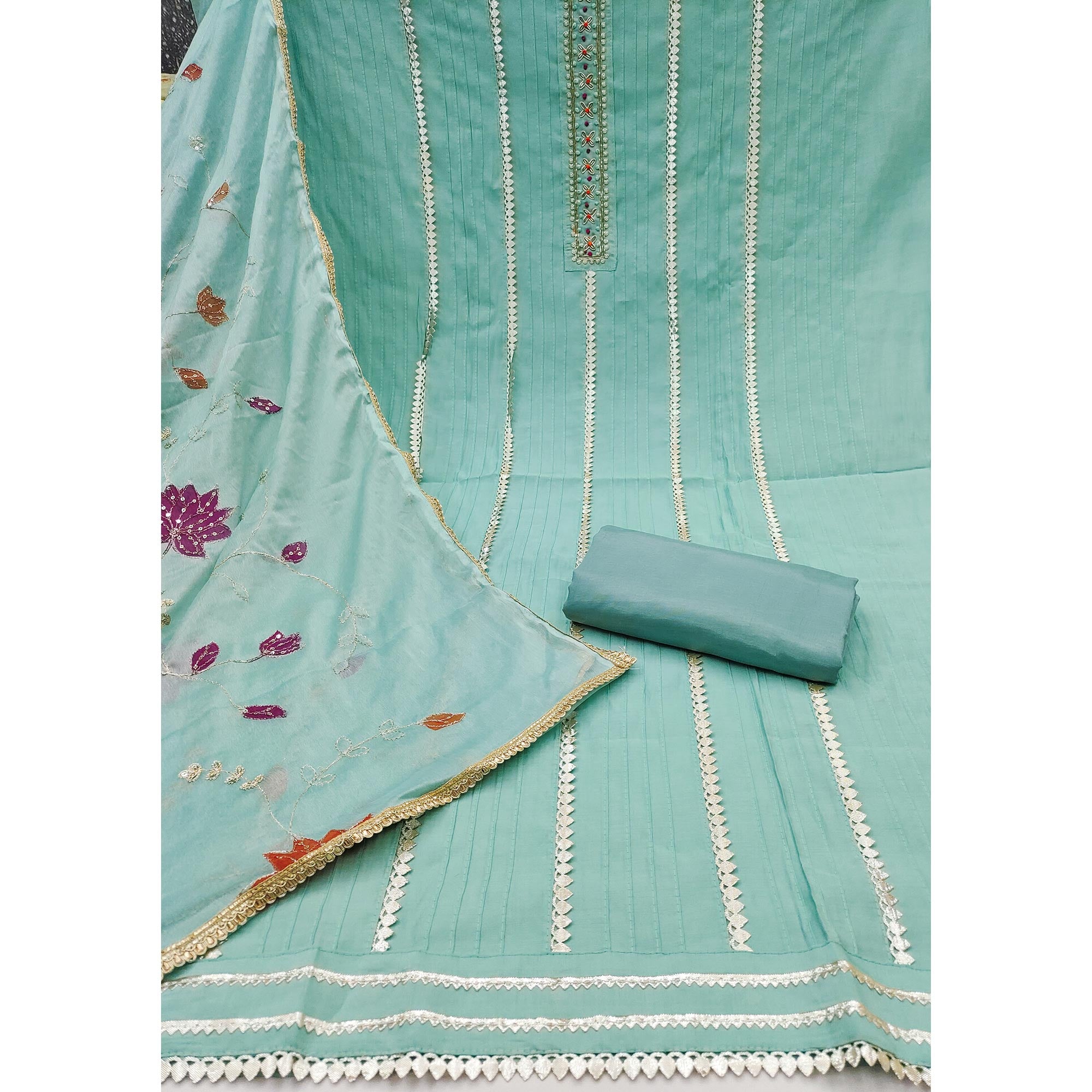 Turquoise Cotton Silk Dress Material Embellished With Elegant Moti Handwork & Gota Patti Lace