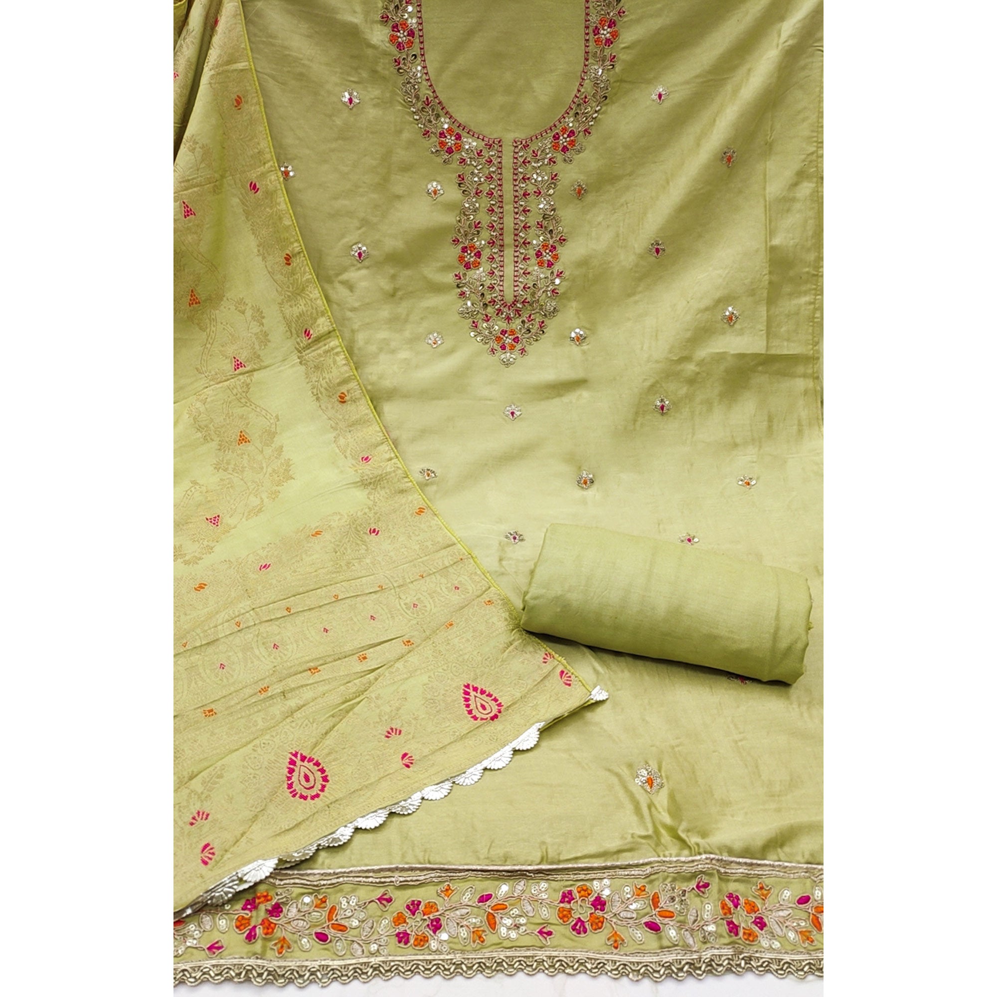 Green Pure Cotton Dress Material Featuring Floral Sequins Cording Embroidery With Moti Handwork