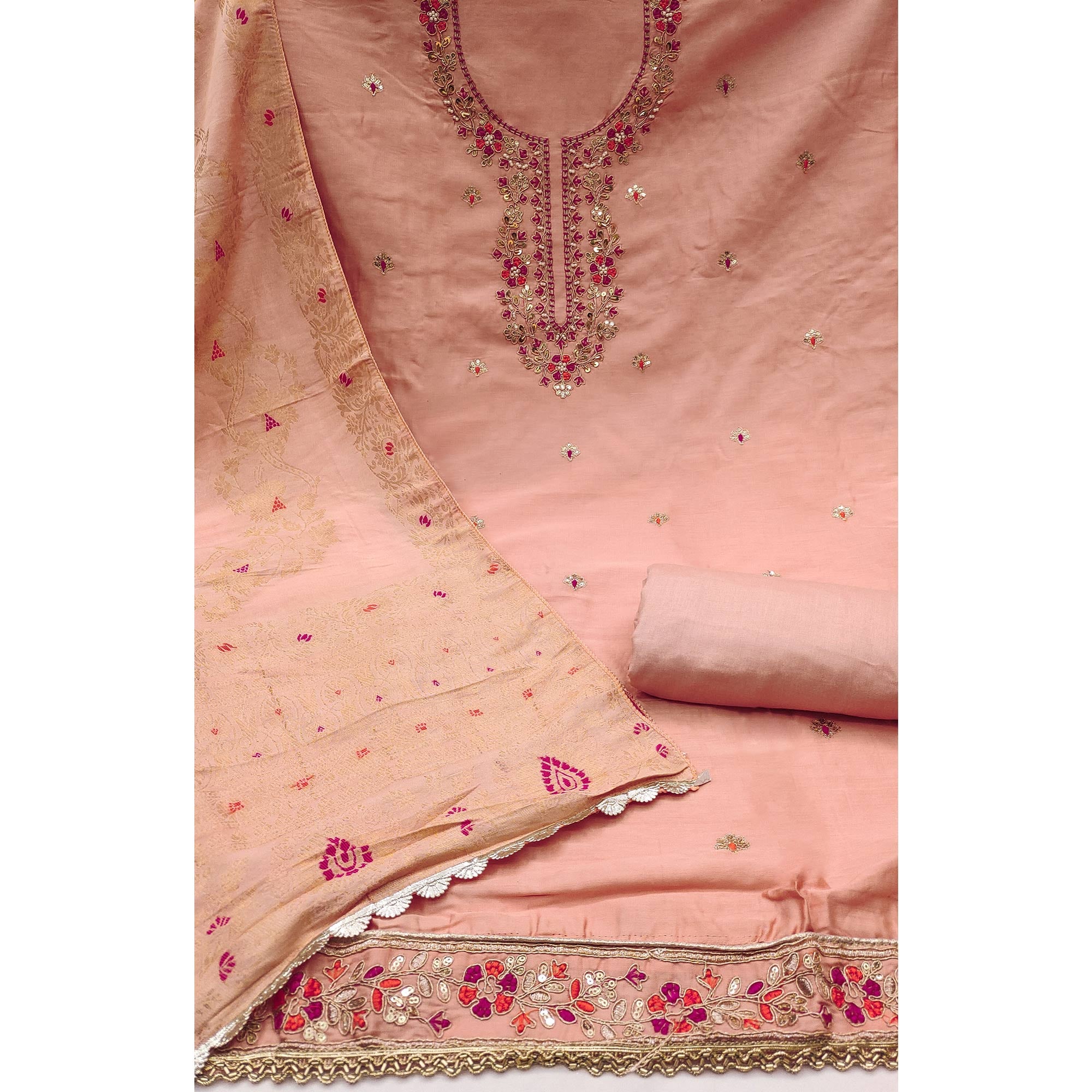 Peach Pure Cotton Dress Material Featuring Floral Sequins Cording Embroidery With Moti Handwork