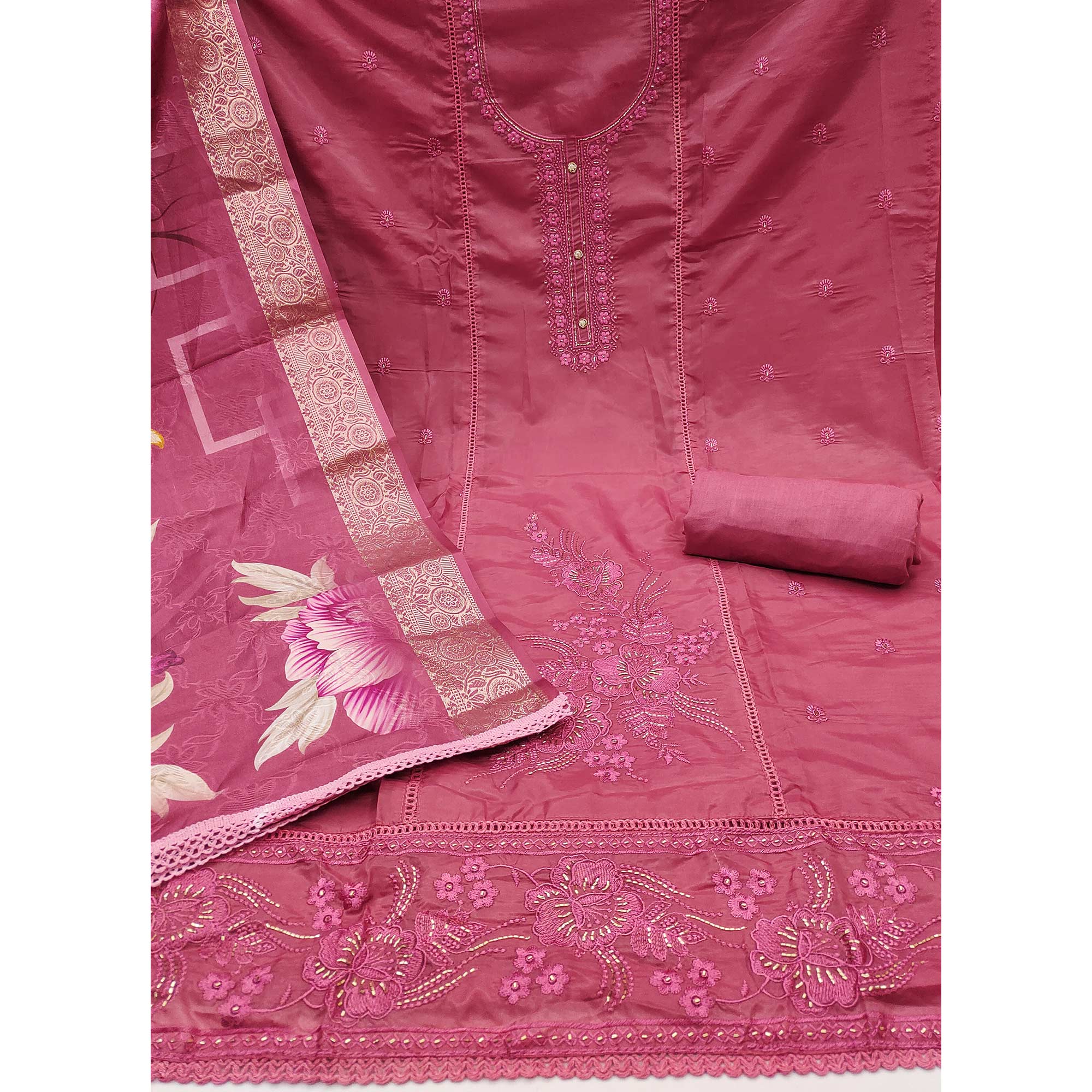 Pink Organza Dress Material Adorned With Floral Thread Embroidery & Elegant Handwork