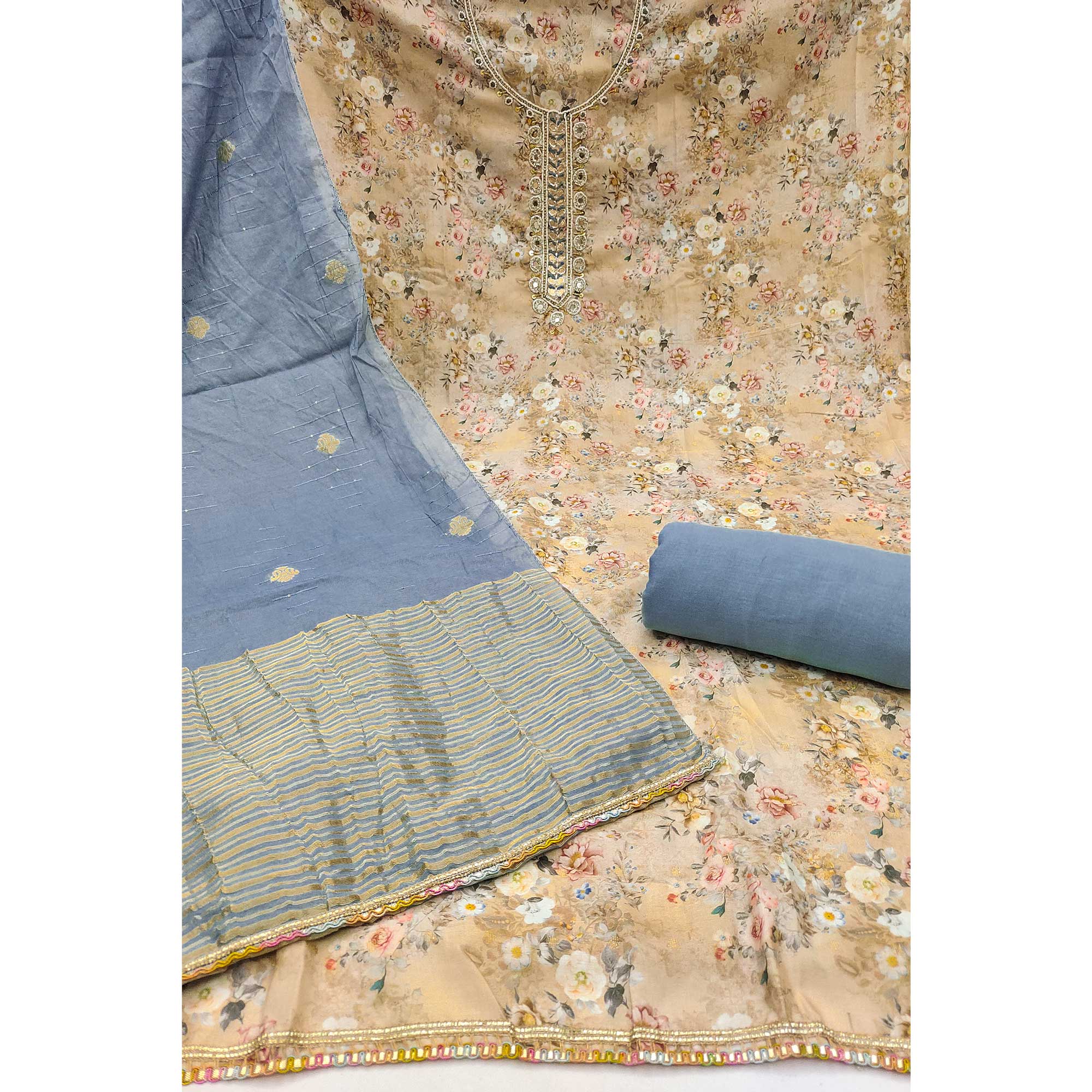 Chikoo Floral Digital Printed Cotton Blend Dress Material Embellished With Moti Hand Embroidery